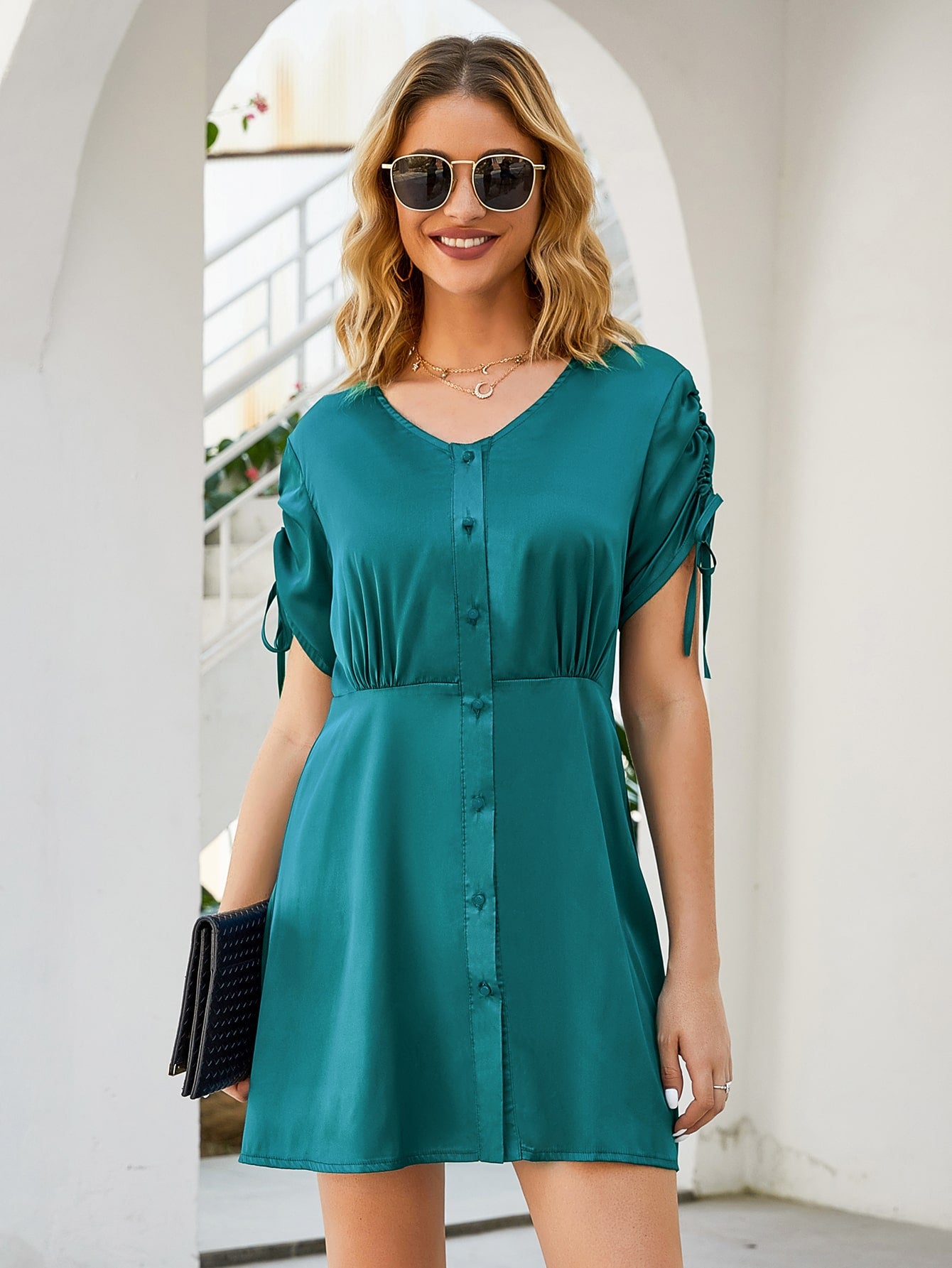 Button Front Drawstring Sleeve Satin Dress