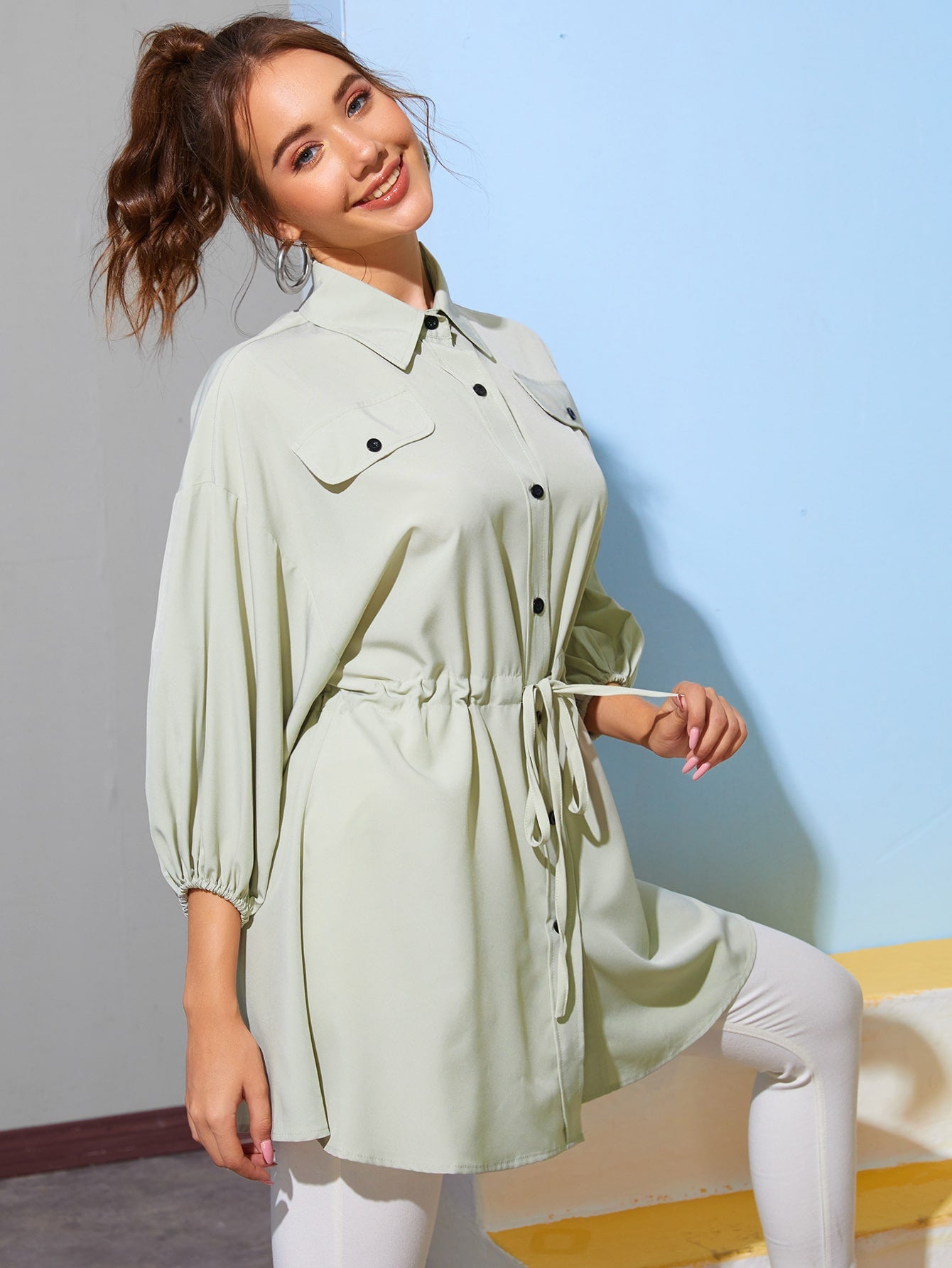 Button Front Drawstring Waist Blouse