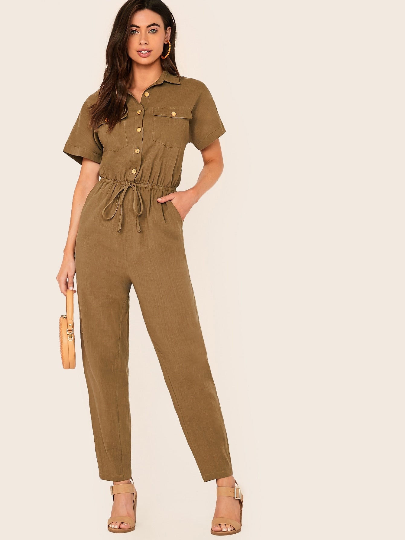 Button Front Drawstring Waist Flap Pocket Jumpsuit