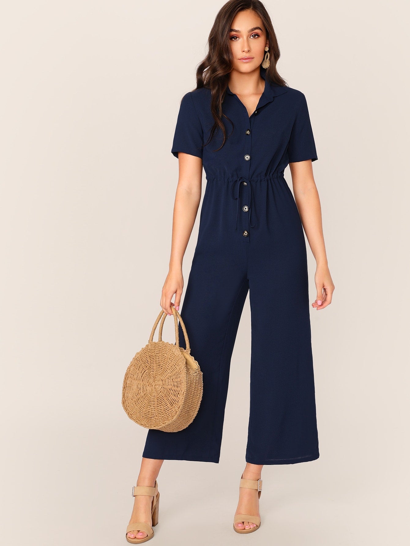 Button Front Drawstring Waist Wide Leg Jumpsuit