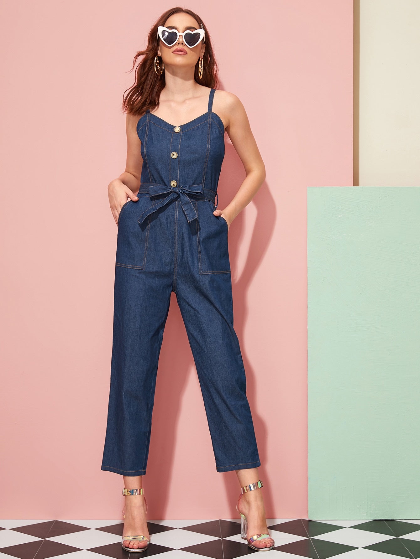 Button Front Dual Pocket Belted Cami Denim Jumpsuit