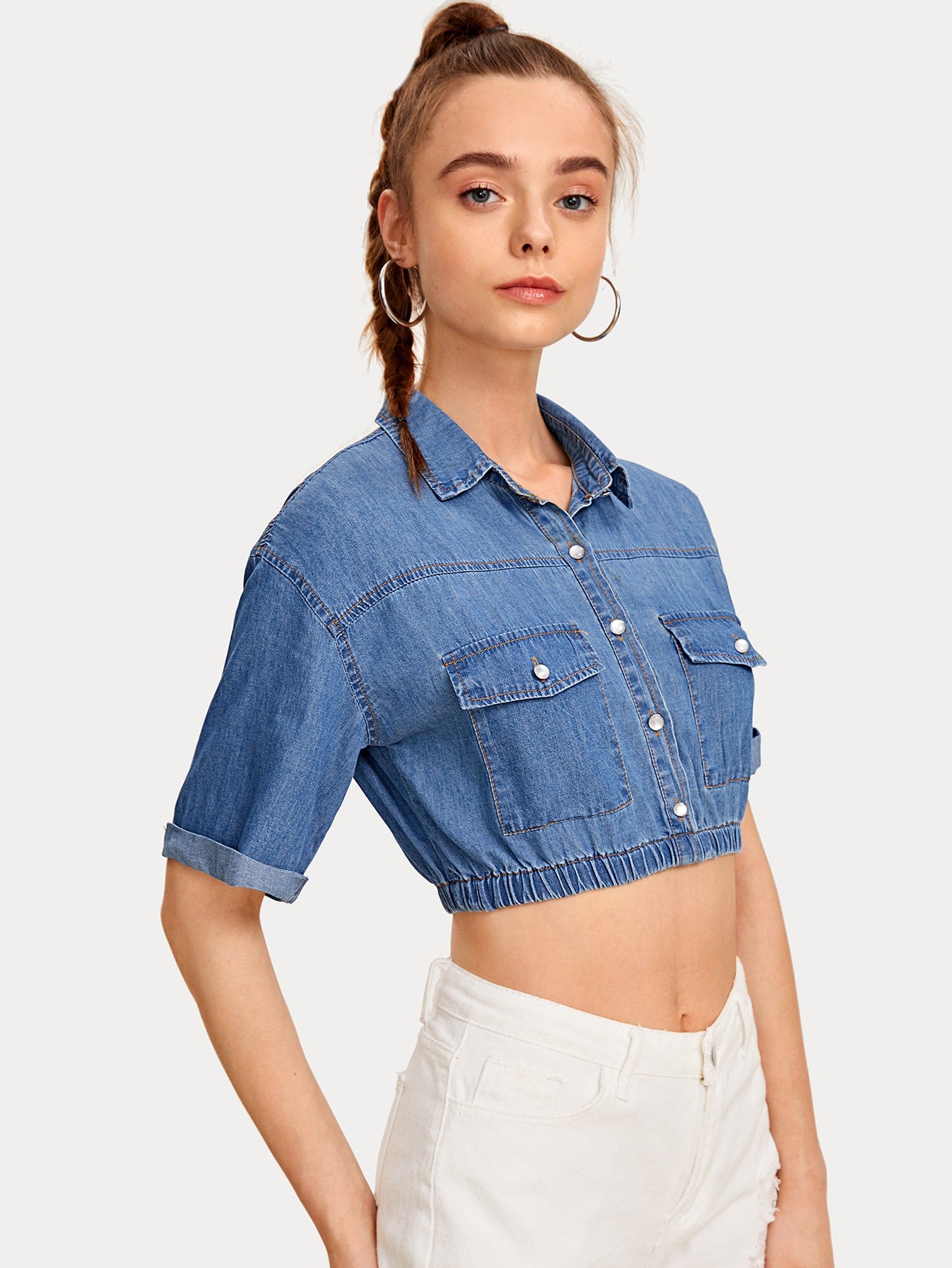 Button Front Elastic Hem Crop Denim Top