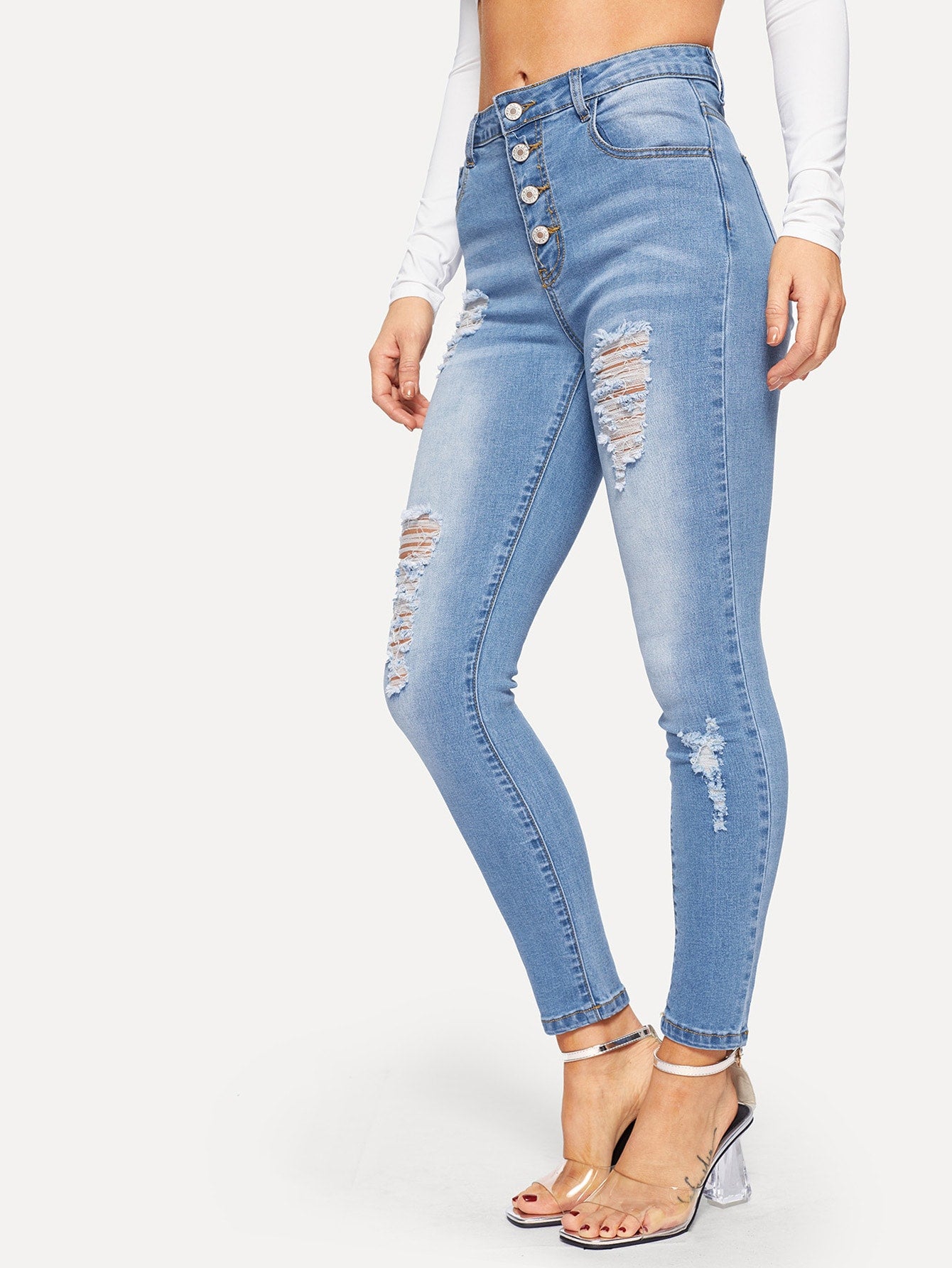 Button Front Faded Distressed Jeans