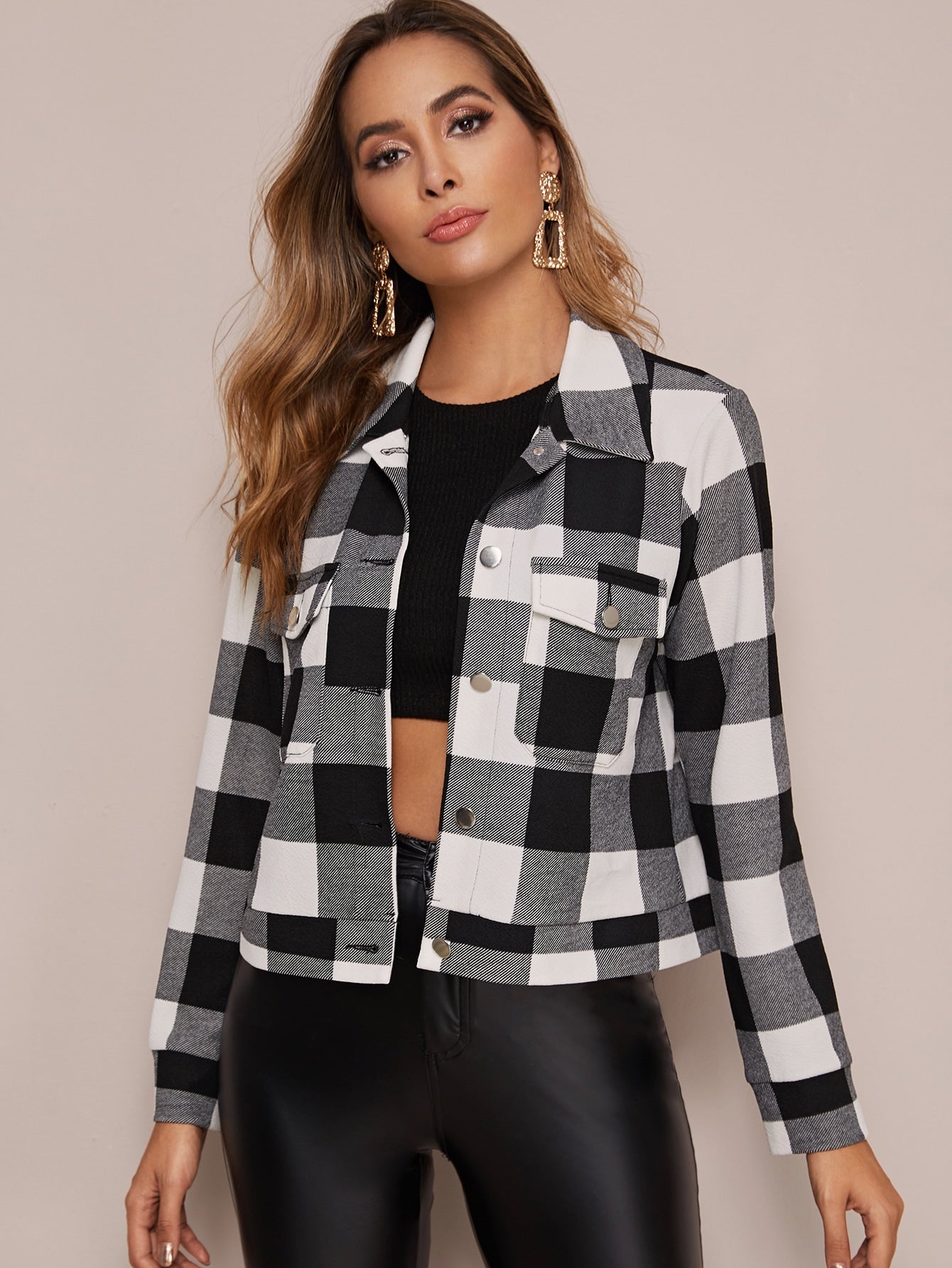 Button Front Flap Pocket Buffalo Plaid Trucker Jacket