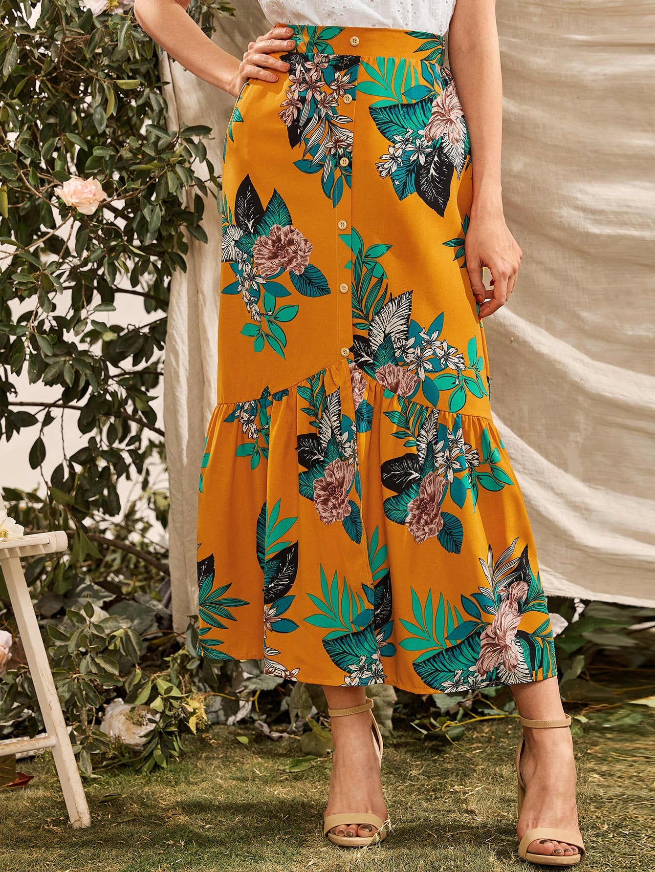 Button Front Floral Maxi Skirt