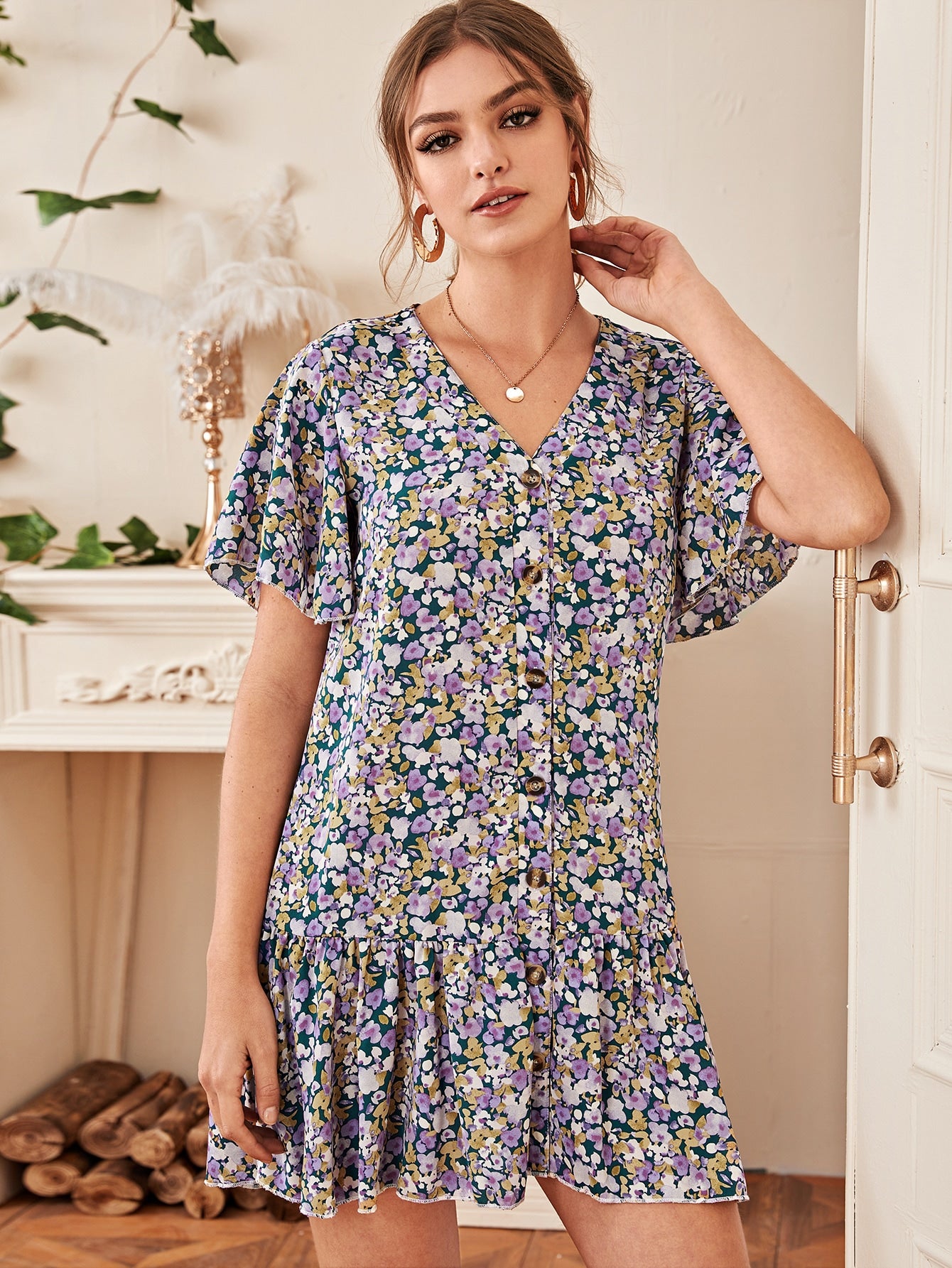 Button Front Floral Print Ruffle Hem Dress