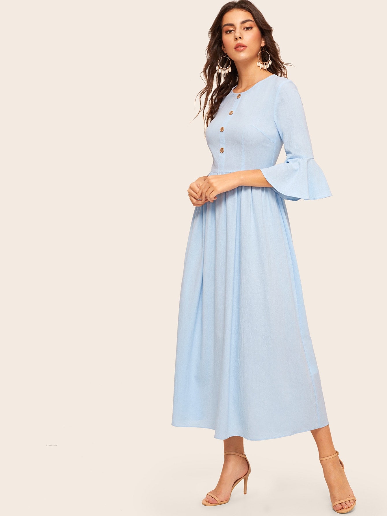 Button Front Flounce Sleeve Fit & Flare Dress