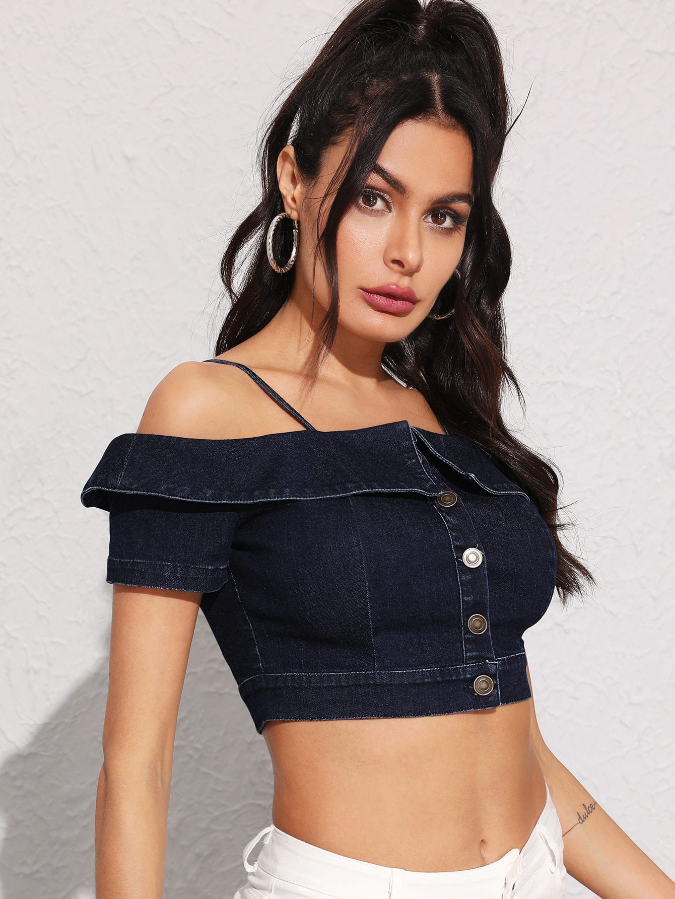 Button Front Foldover Crop Denim Top