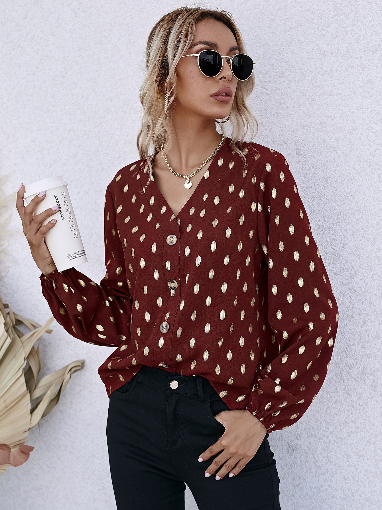 Button Front Gold Dot Print Blouse