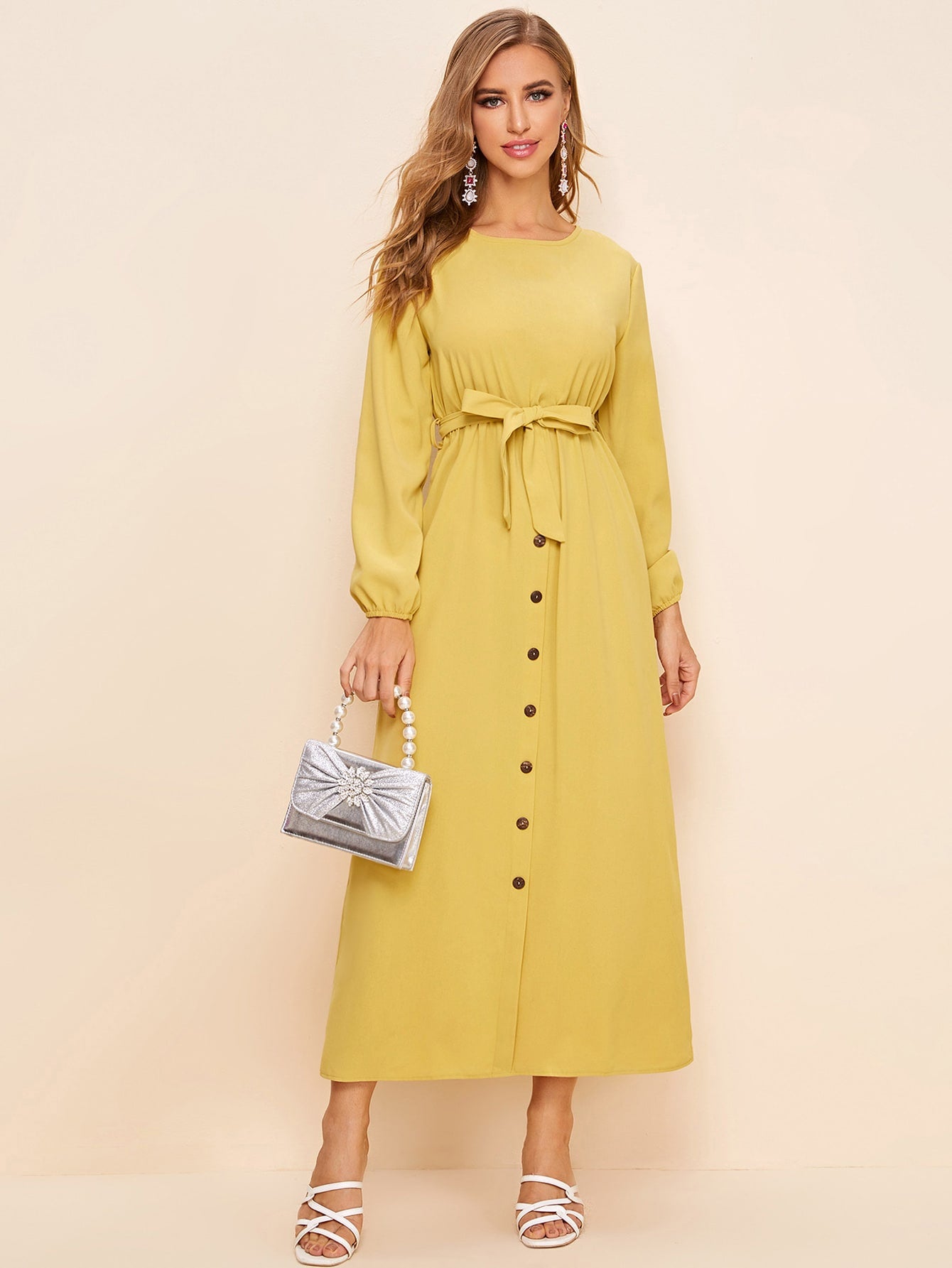 Button Front Keyhole Back Belted Long Dress