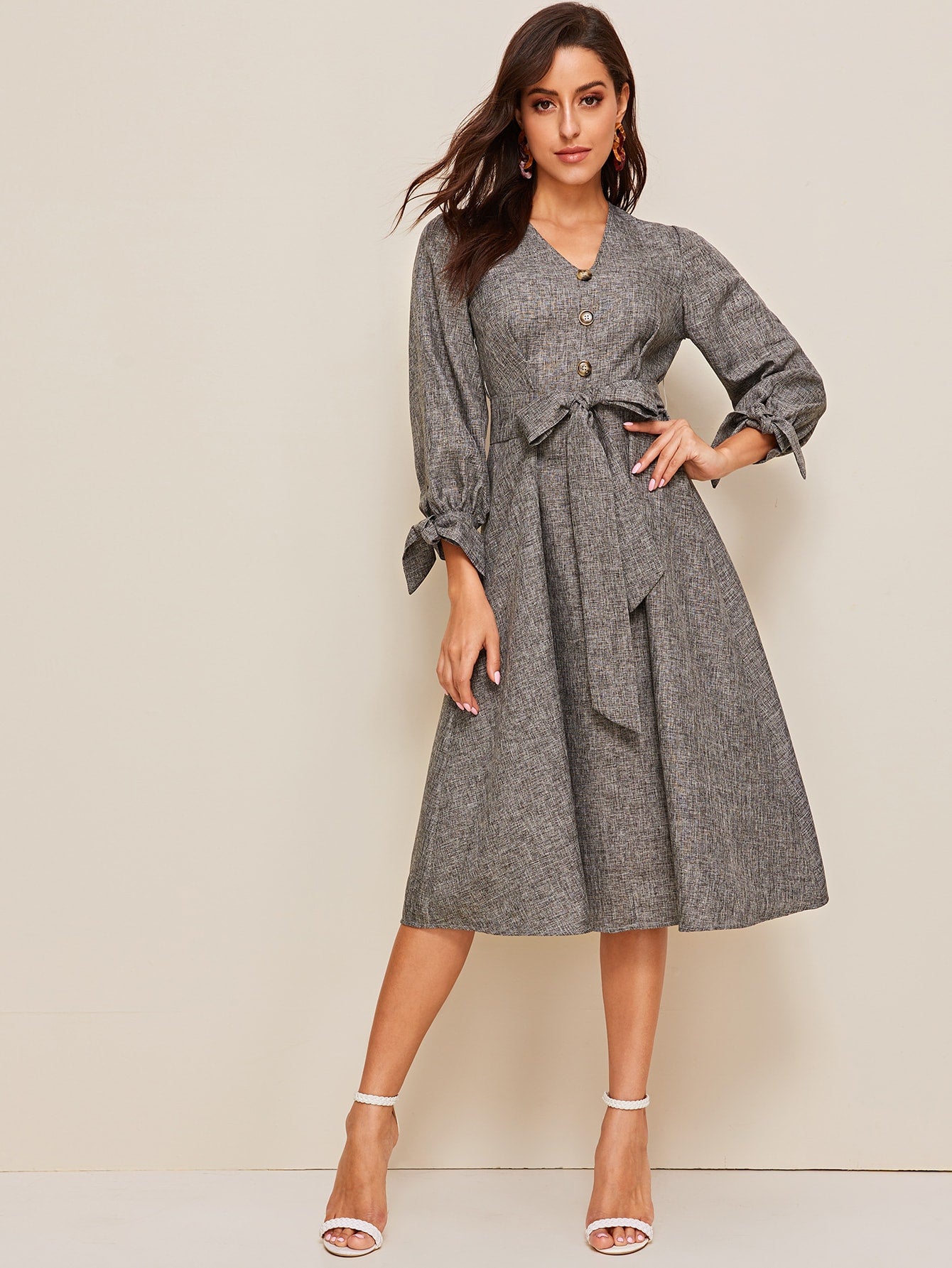 Button Front Knot Cuff Self Belted Dress