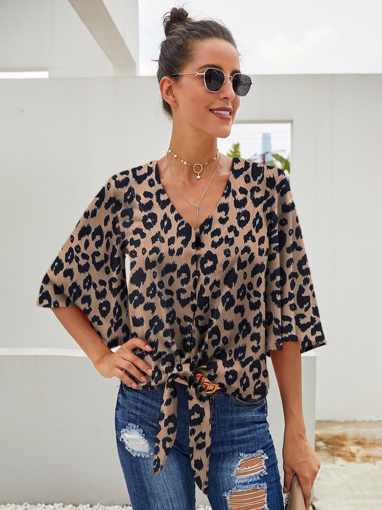 Button Front Knot Hem Leopard Print Blouse