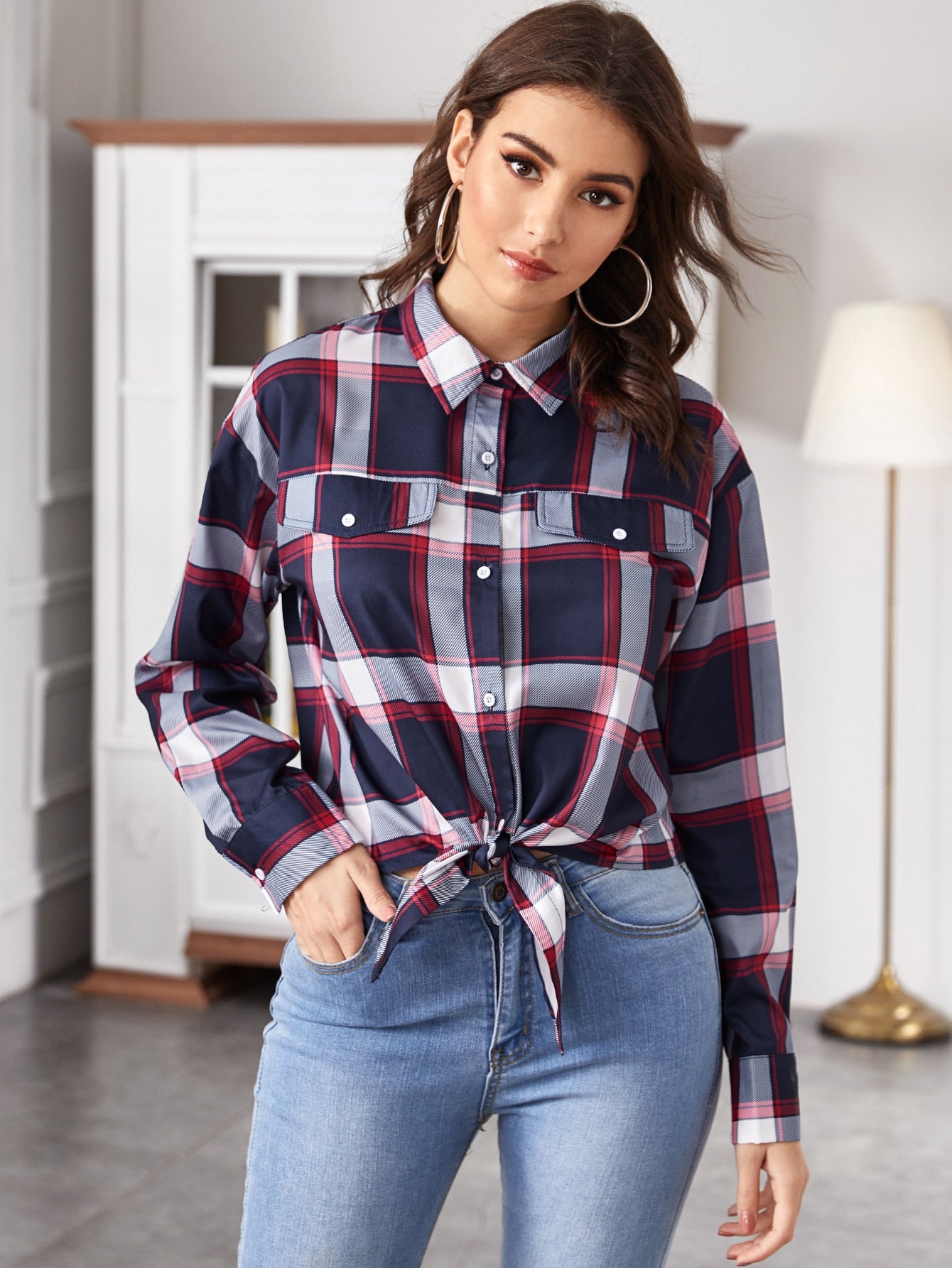 Button Front Knot Hem Plaid Blouse