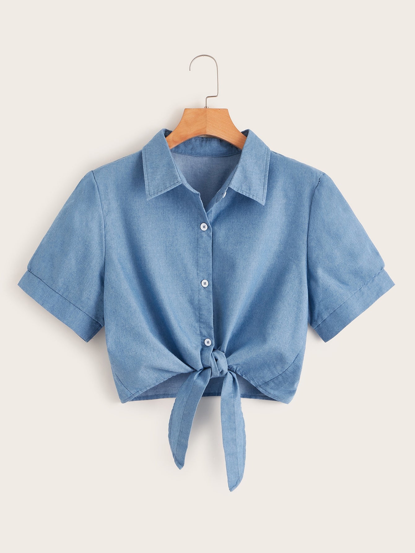 Button Front Knot Hem Solid Denim Top