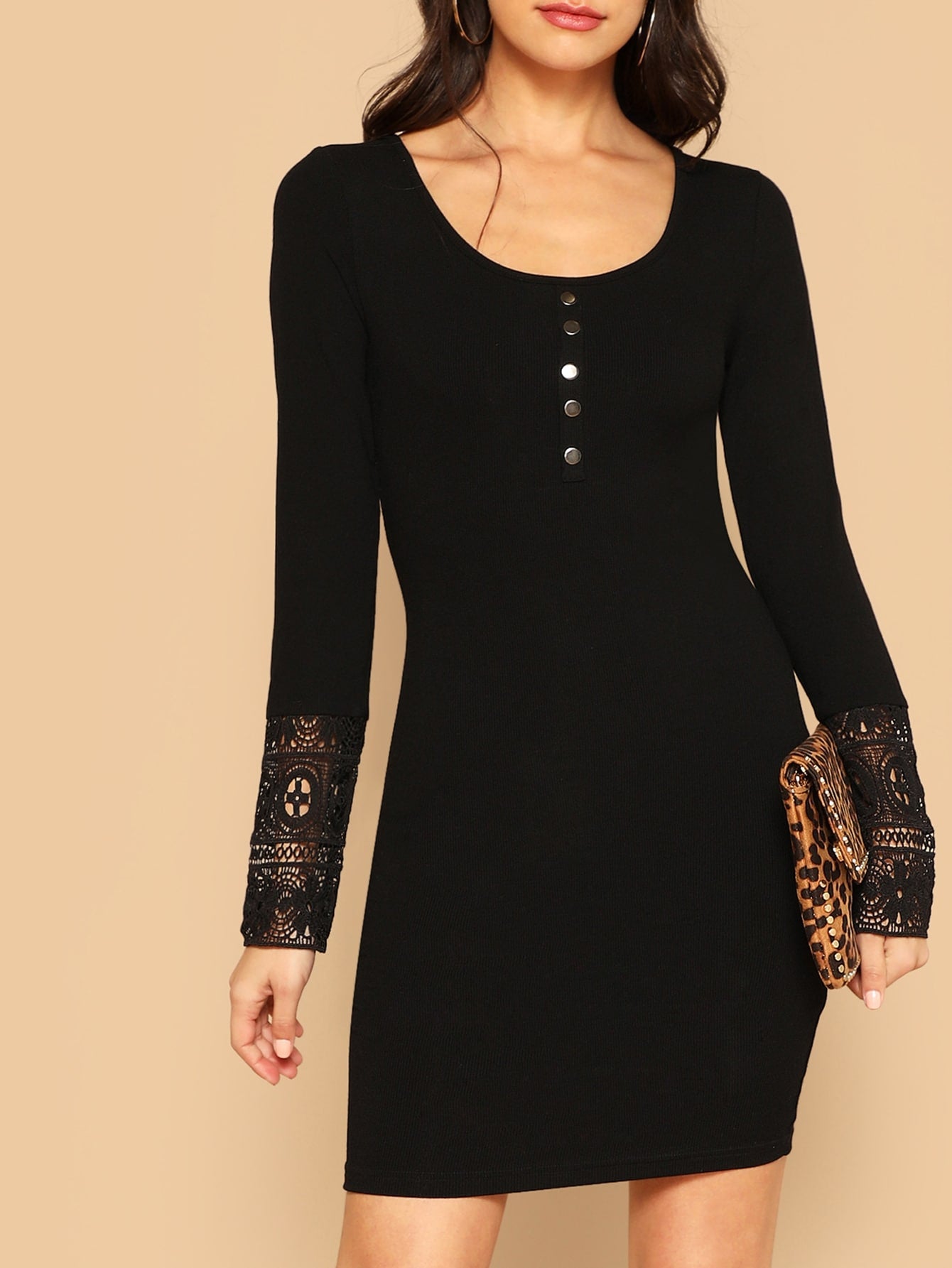 Button Front Lace Cuff Pencil Dress