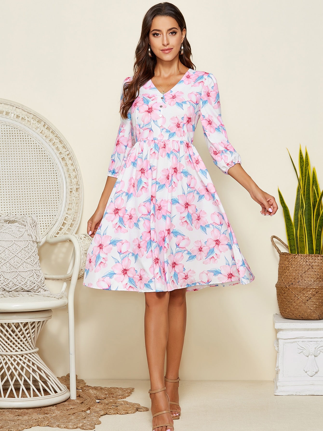 Button Front Lantern Sleeve Floral Dress