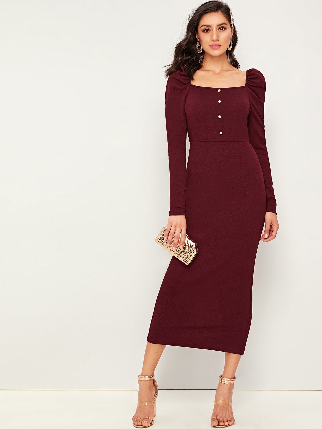 Button Front Leg-of-mutton Sleeve Split Back Pencil Dress