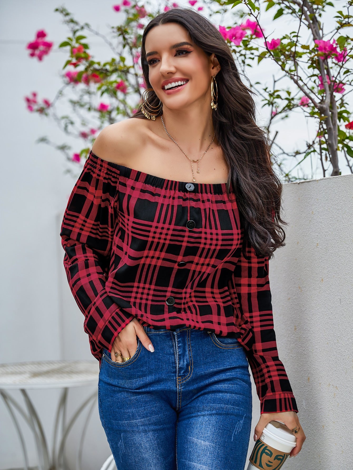 Button Front Off Shoulder Top