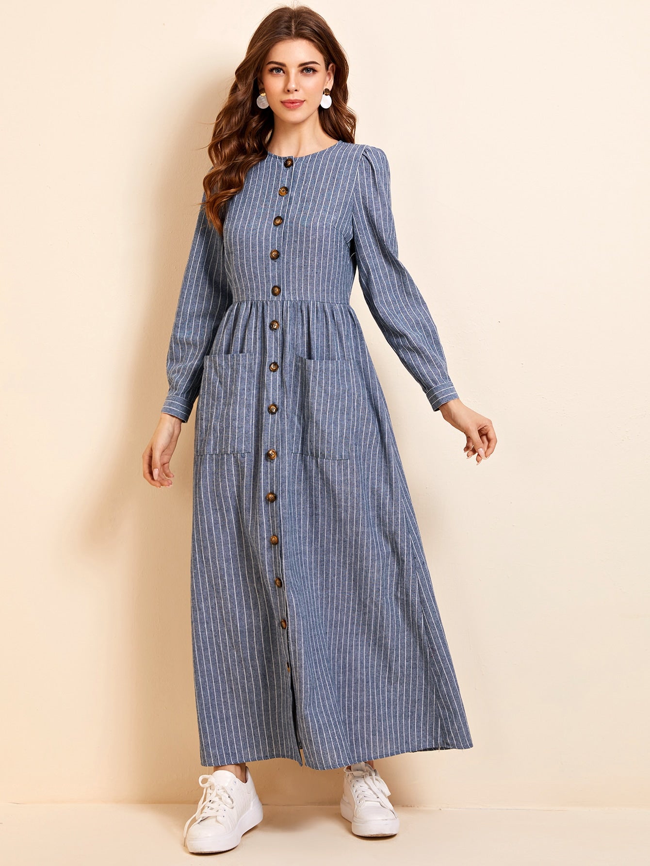 Button Front Pocket Patched Striped Dress