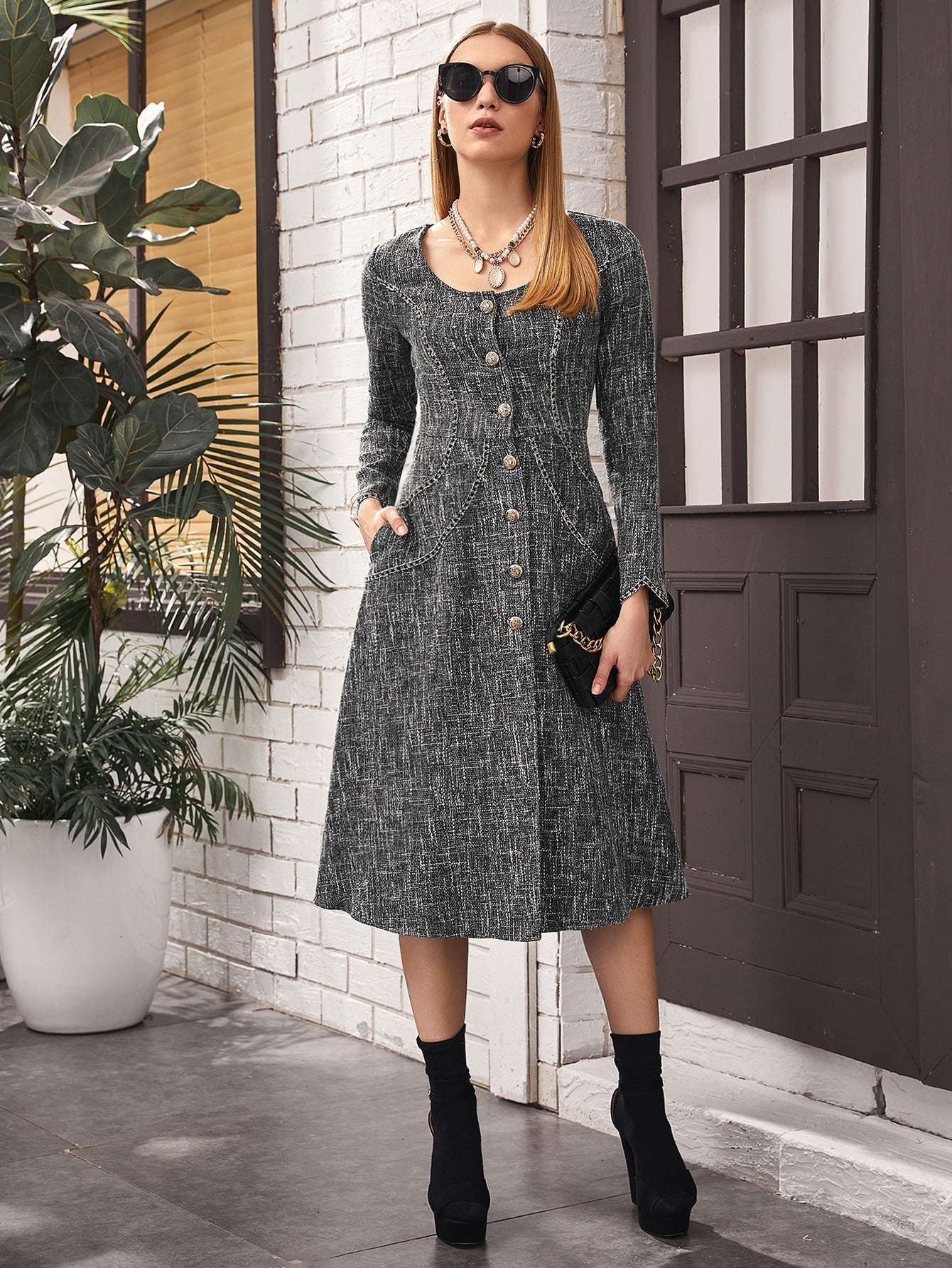 Button Front Pocket Side Tweed Dress