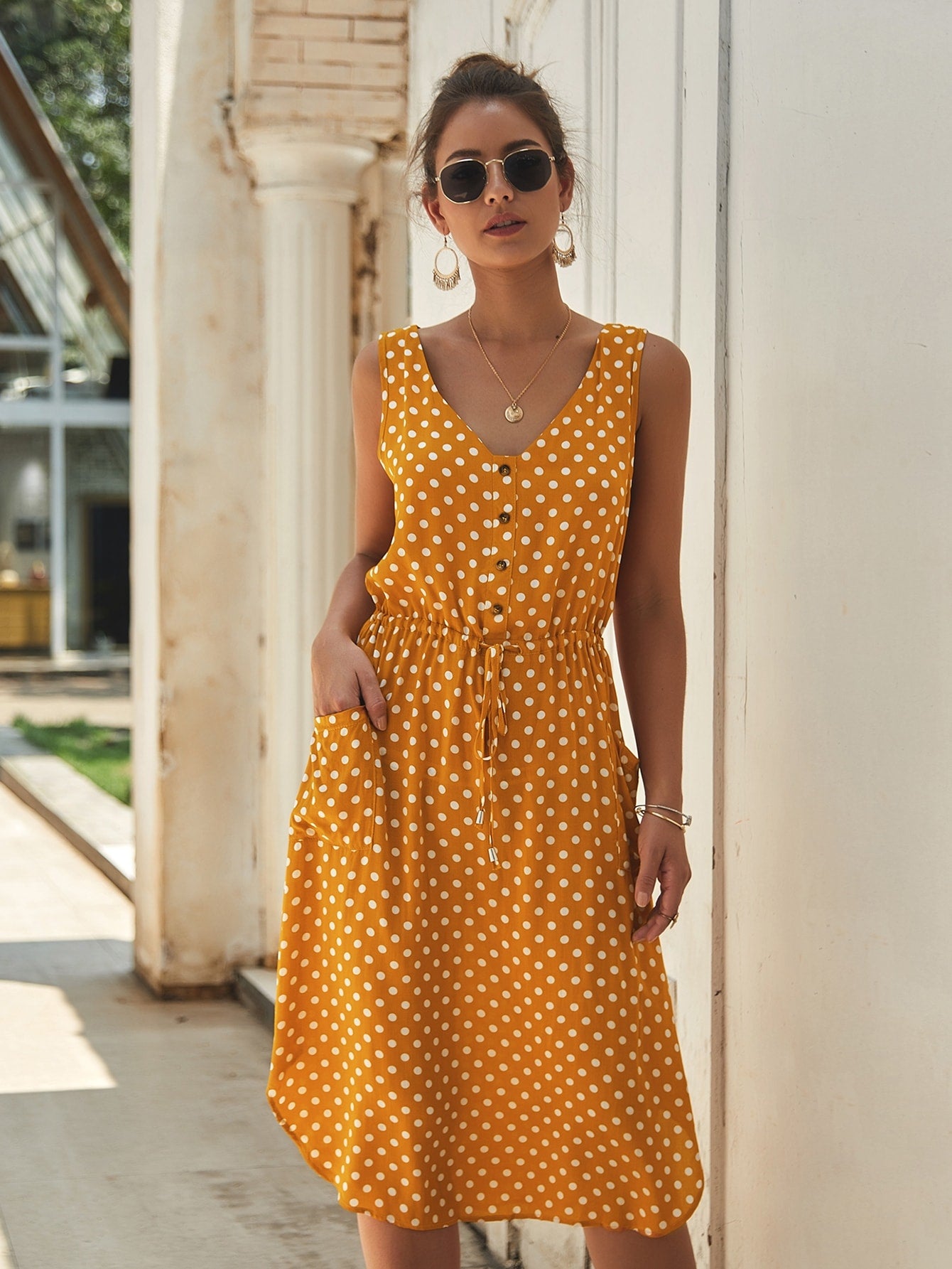 Button Front Polka Dot Drawstring Dress