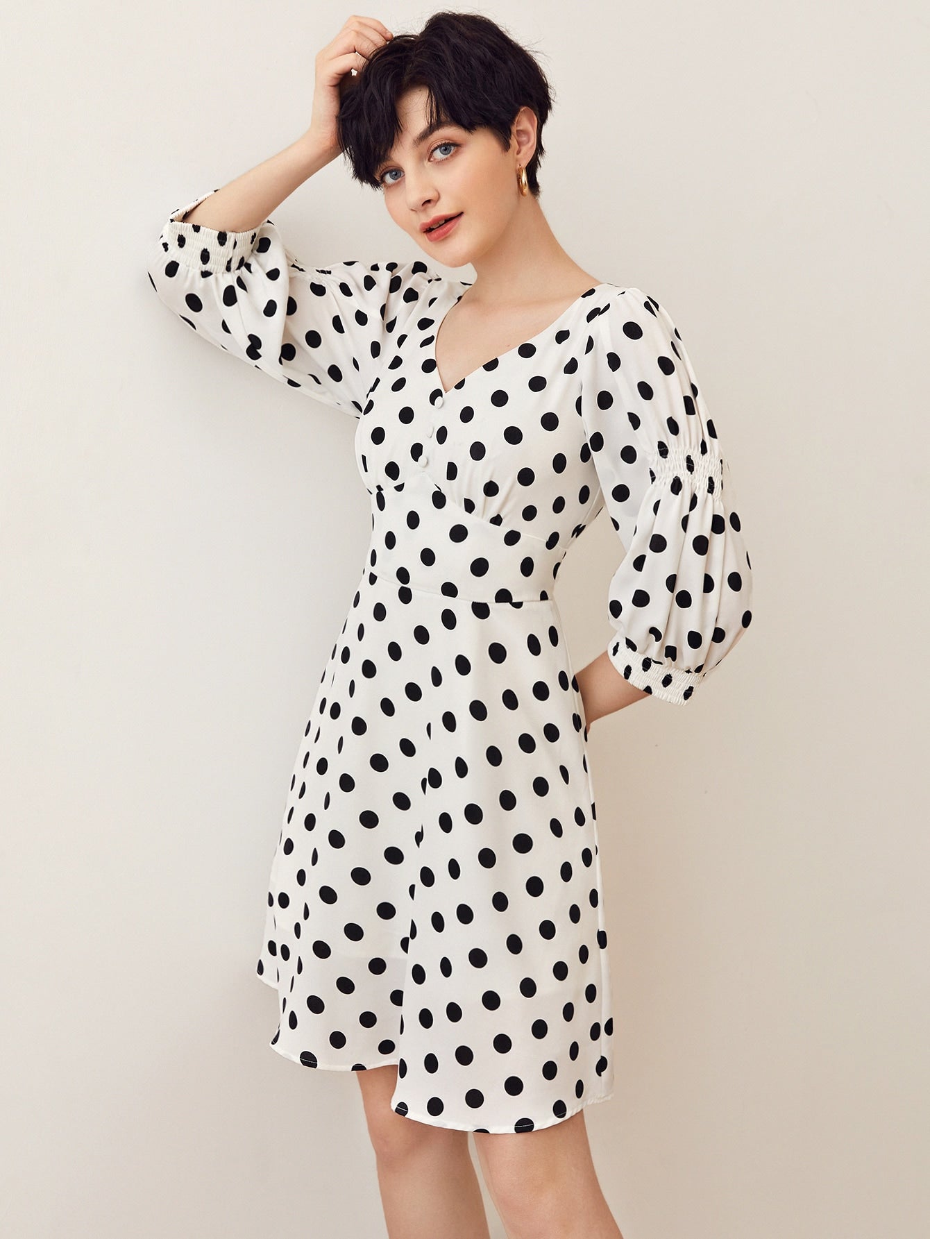 Button Front Polka Dot Print Dress