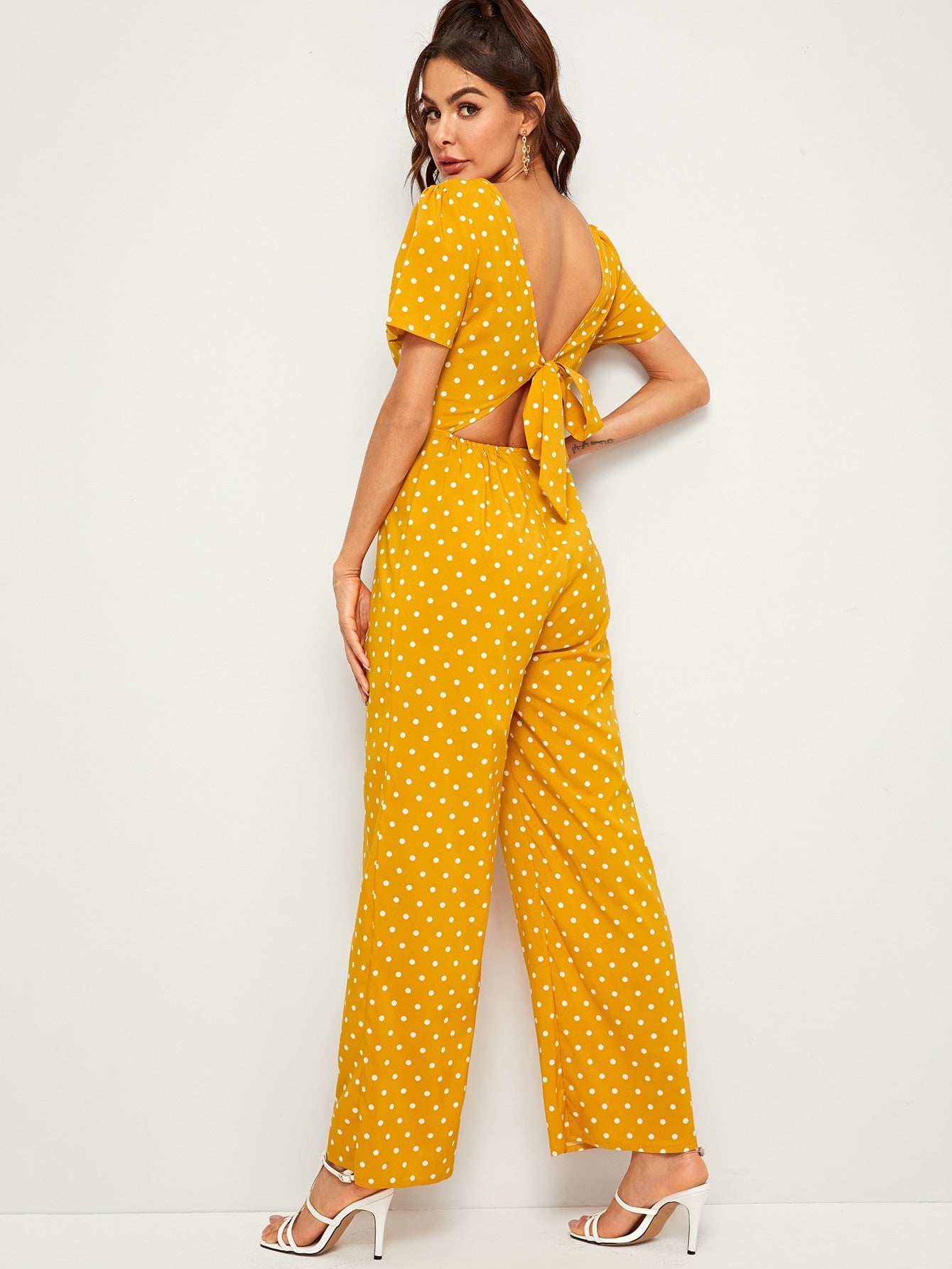 Button Front Polka-dot Print Tie Back Maxi Jumpsuit