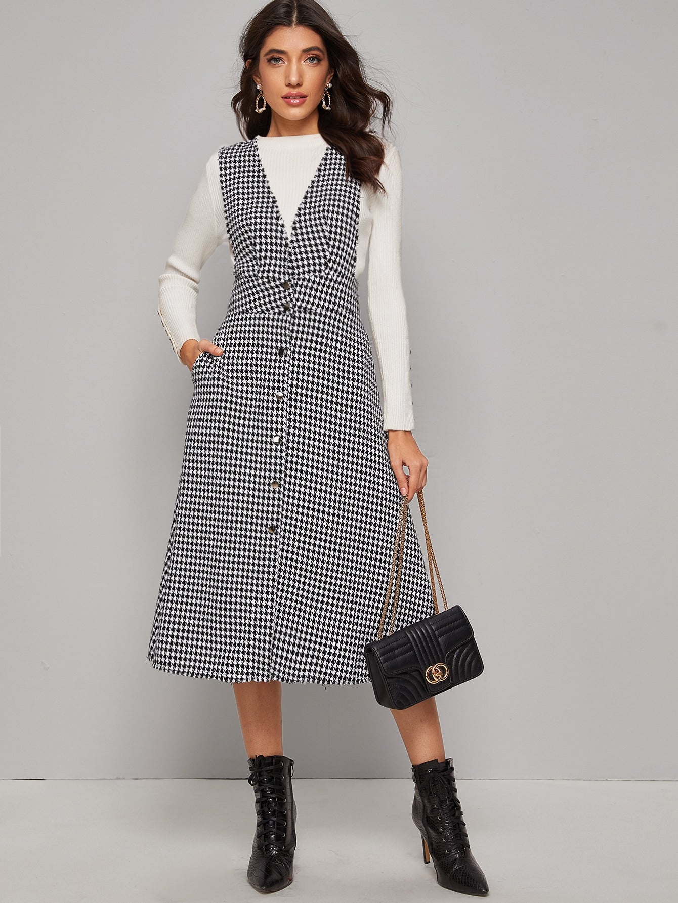 Button Front Raw Hem Houndstooth Tweed Pinafore Dress