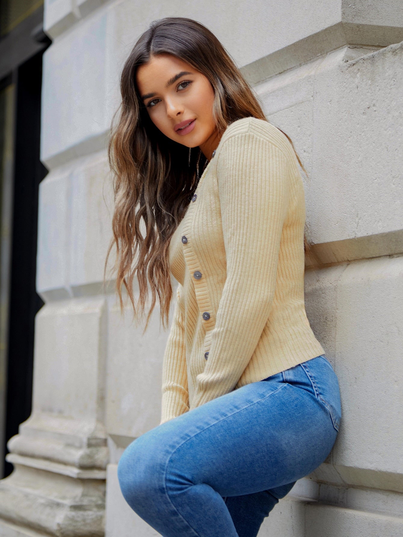 Button Front Ribbed Knit Sweater