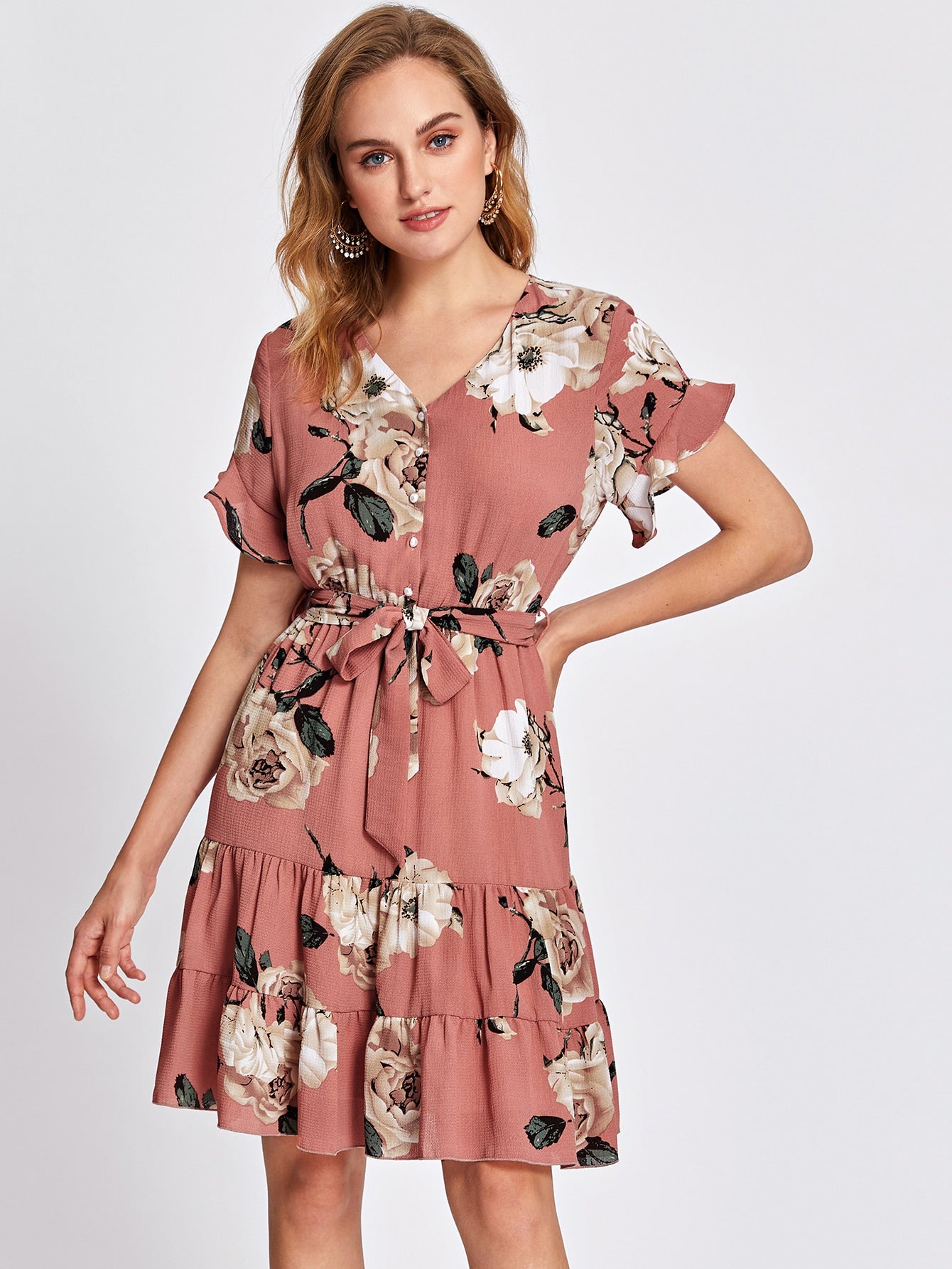 Button Front Ruffle Hem Belted Floral Dress