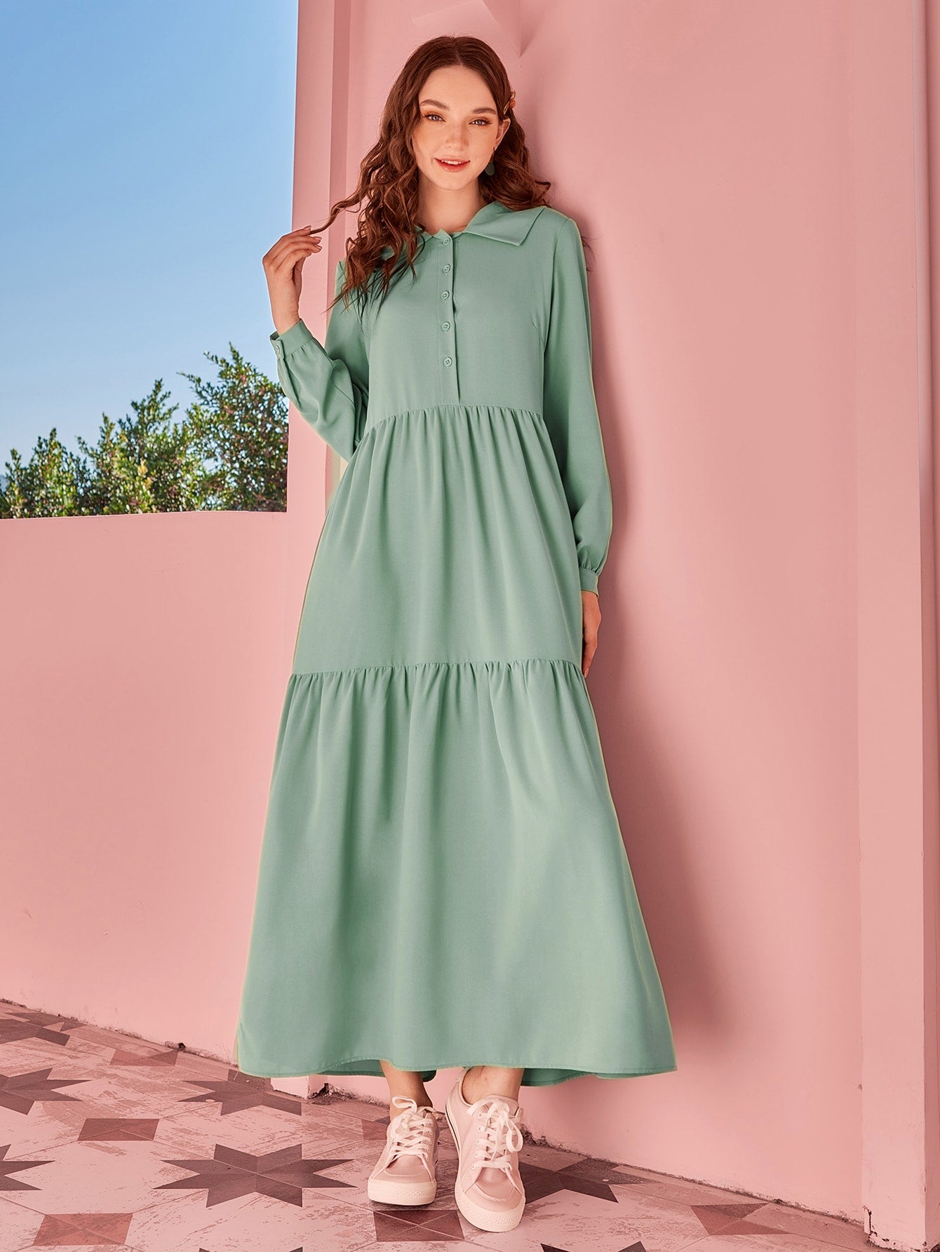 Button Front Ruffle Hem Smock Dress