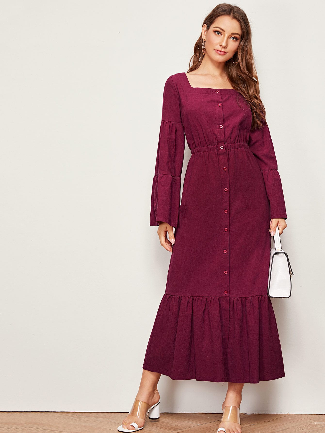 Button Front Ruffle Hem Square Neck Dress