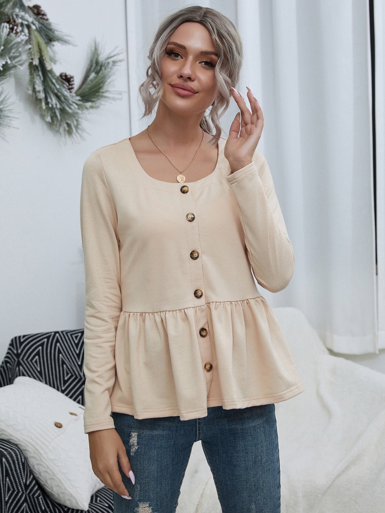 Button Front Ruffle Hem Top