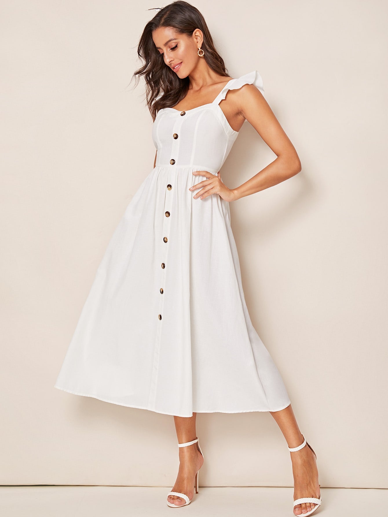 Button Front Ruffle Trim Slip Flare Dress