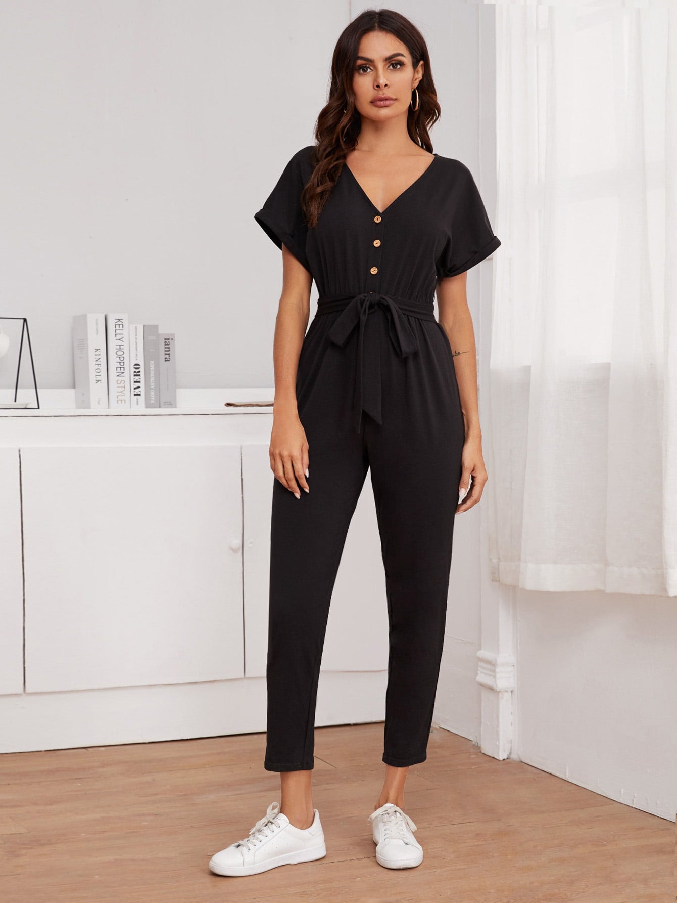 Button Front Self Belt Cuffed Jumpsuit