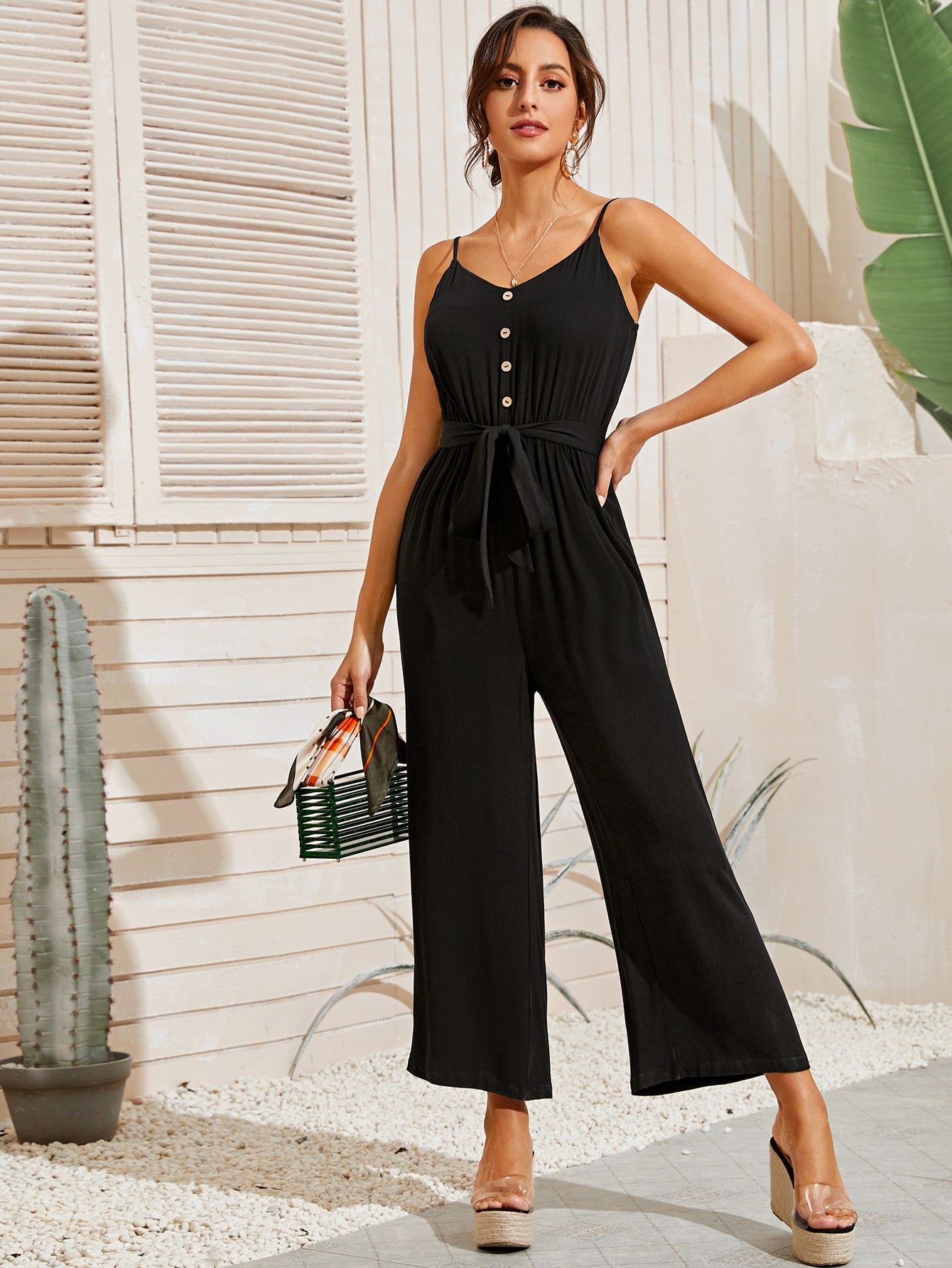 Button Front Self Belted Wide Leg Cami Jumpsuit