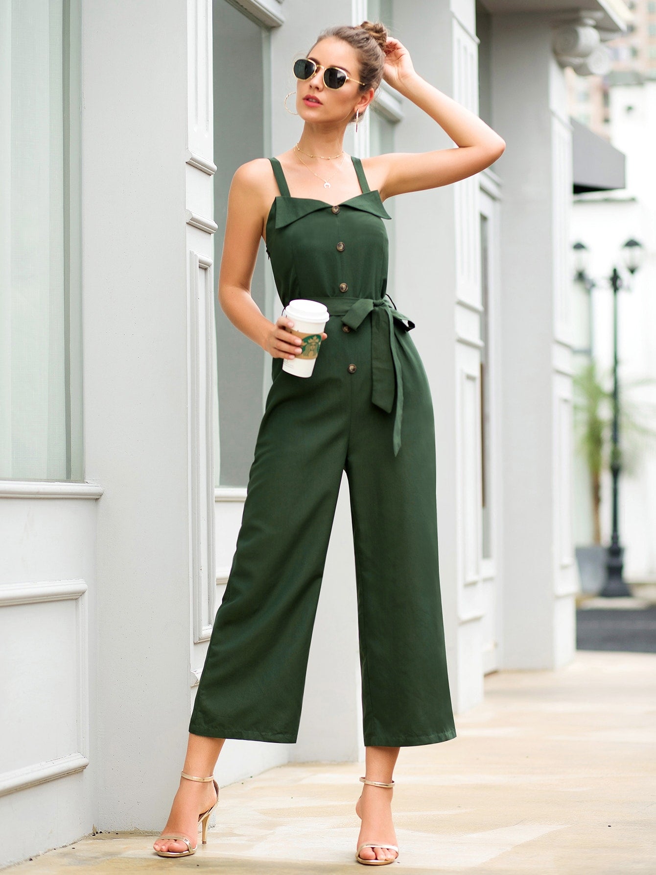 Button Front Self Tie Cami Jumpsuit