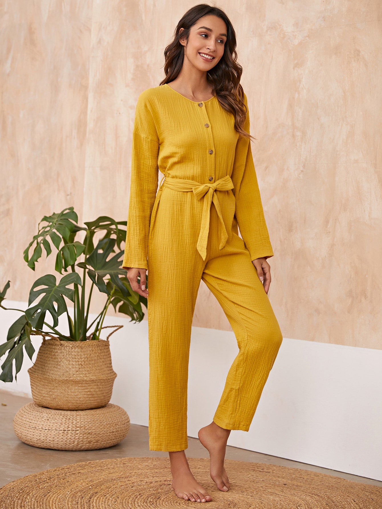 Button Front Self Tie Lounge Jumpsuit