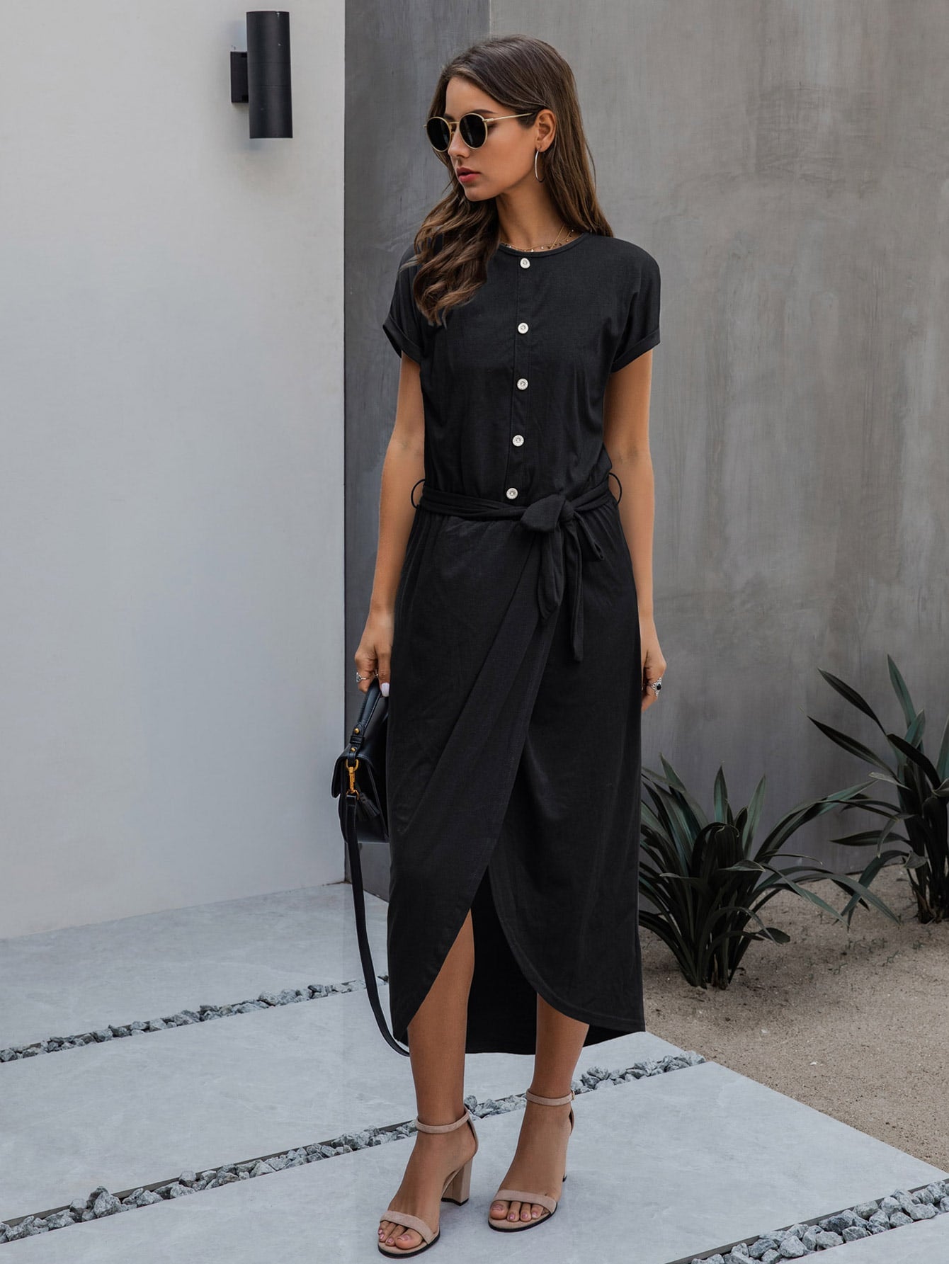 Button Front Self Tie Wrap Dress