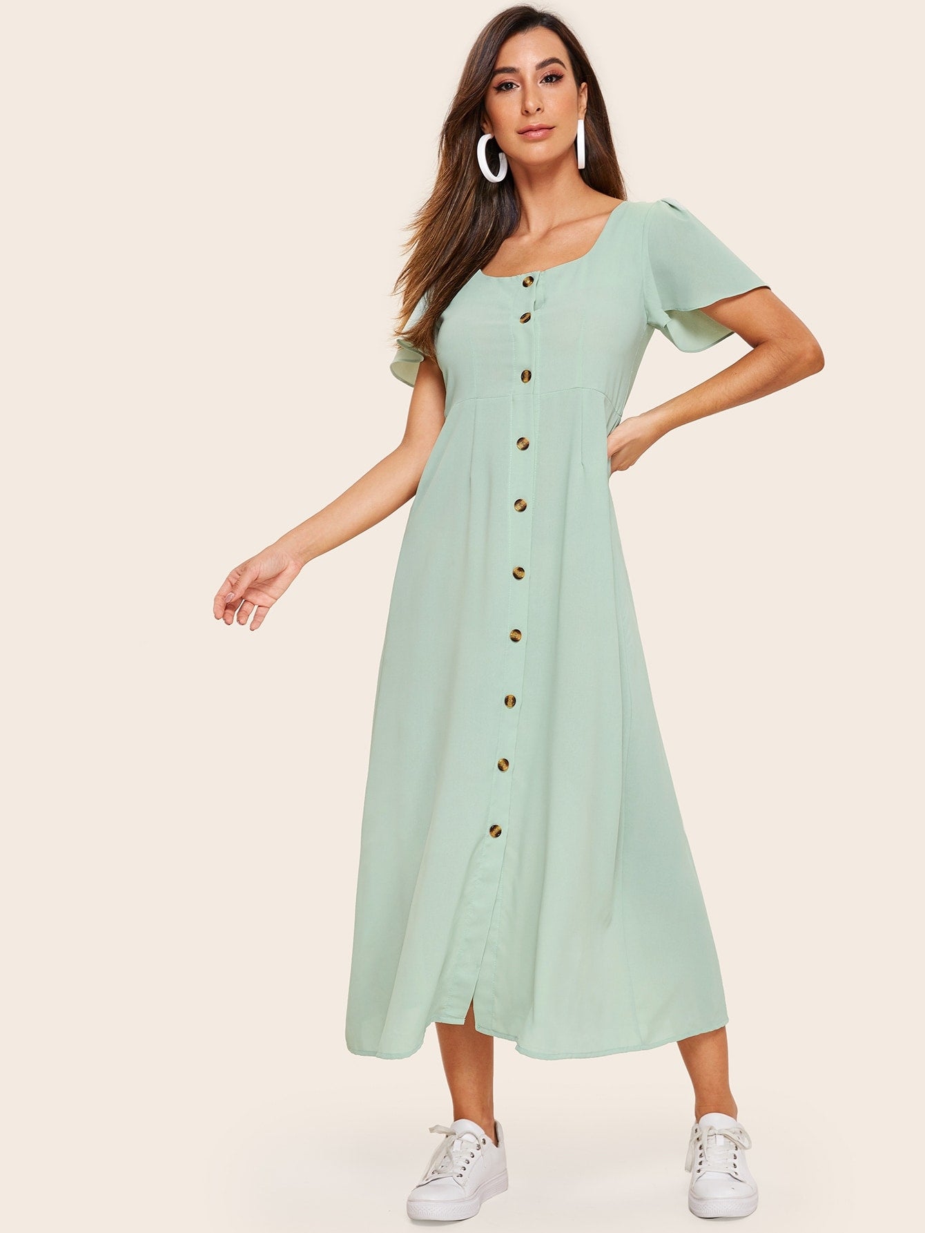 Button Front Shirred Back Longline Dress