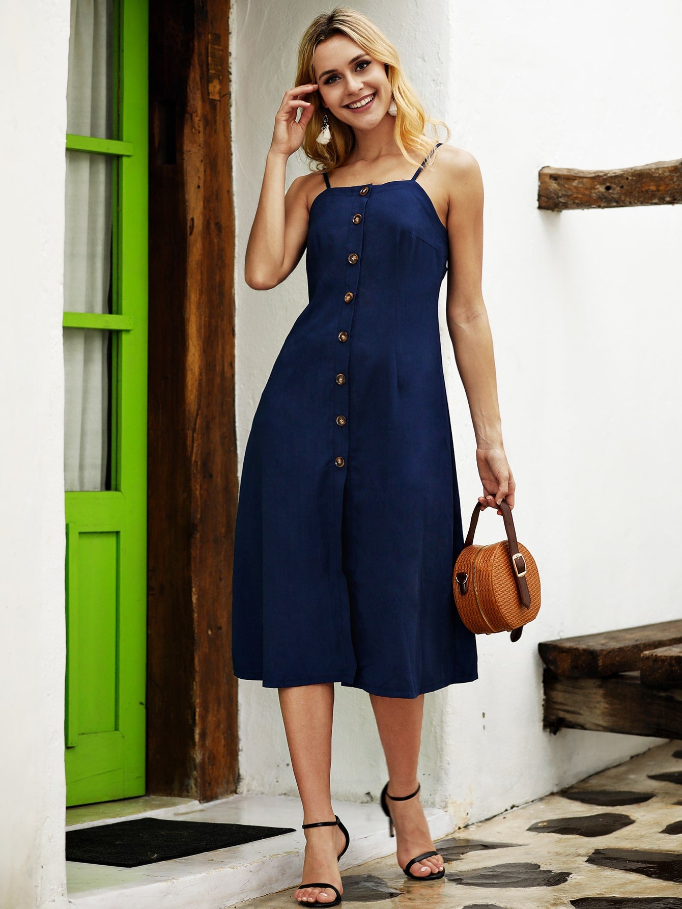 Button Front Solid Cami Dress