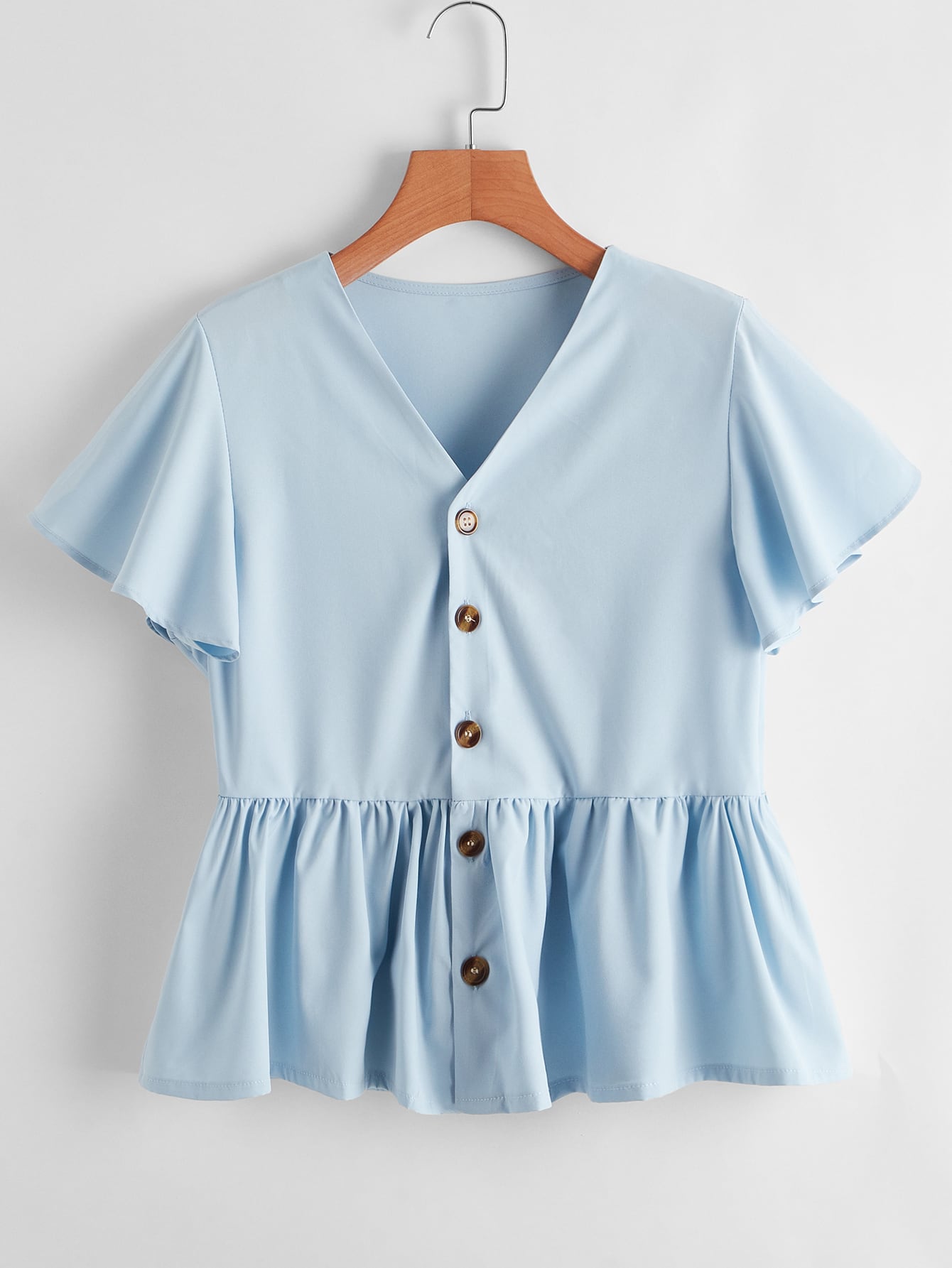 Button Front Solid Peplum Blouse