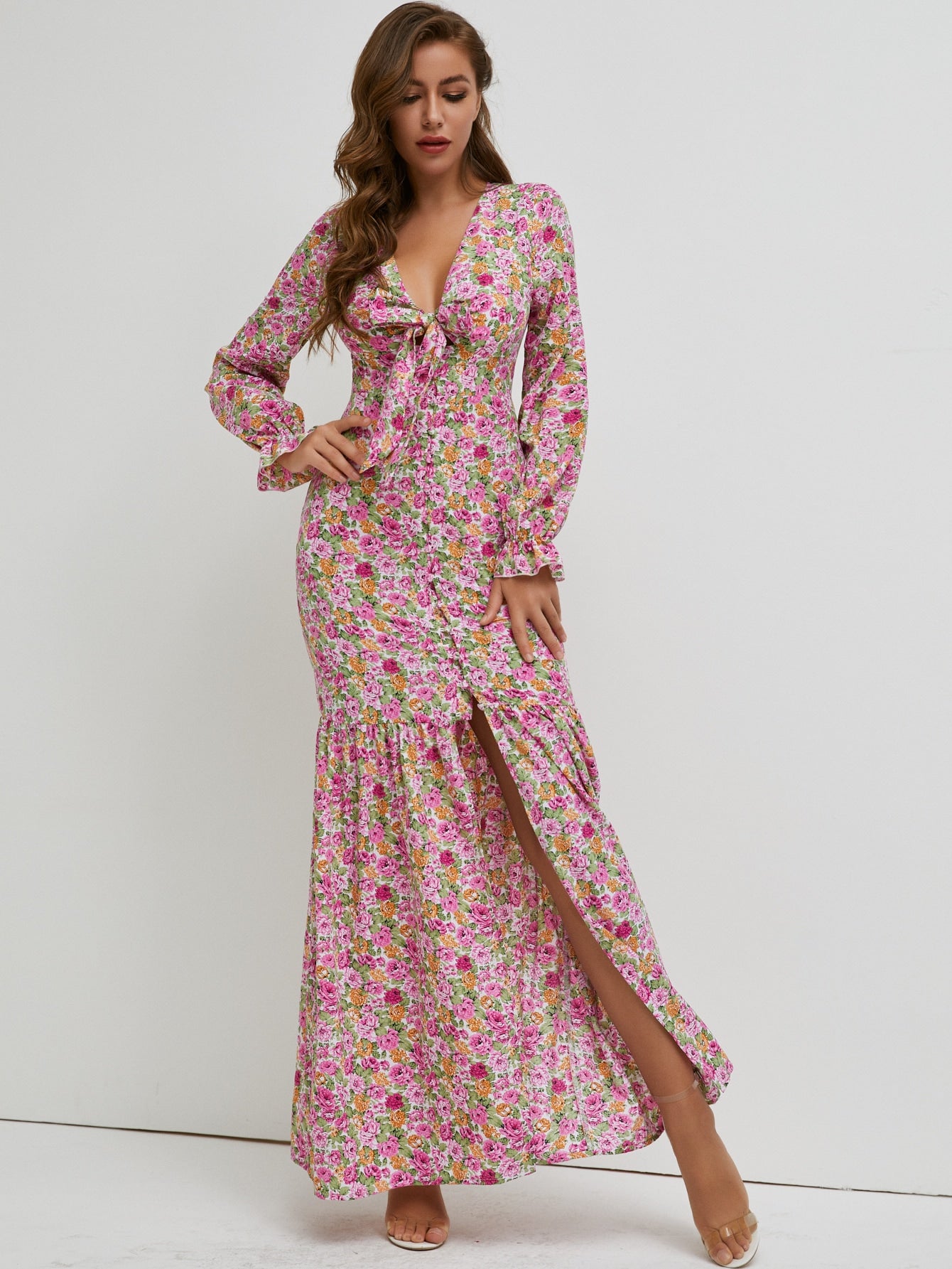 Button Front Split Thigh Allover Floral Print Dress