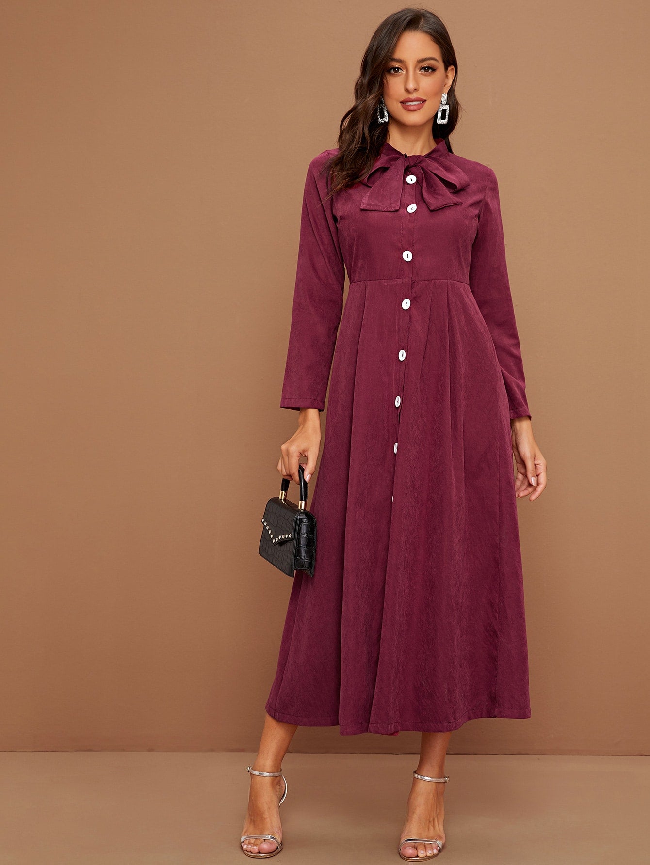 Button Front Tie Neck Satin Shirt Dress