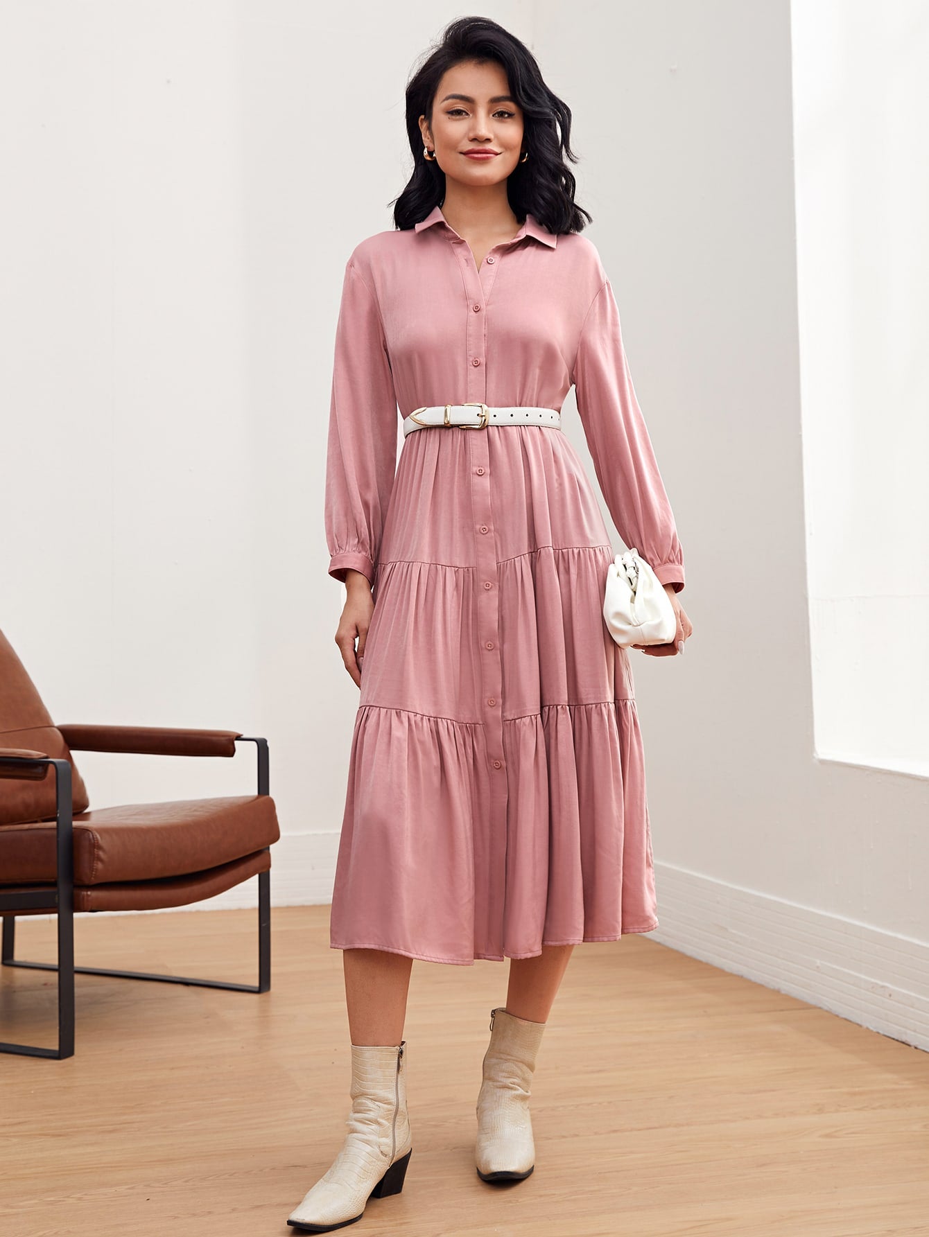 Button Front Tiered Dress Without Belt