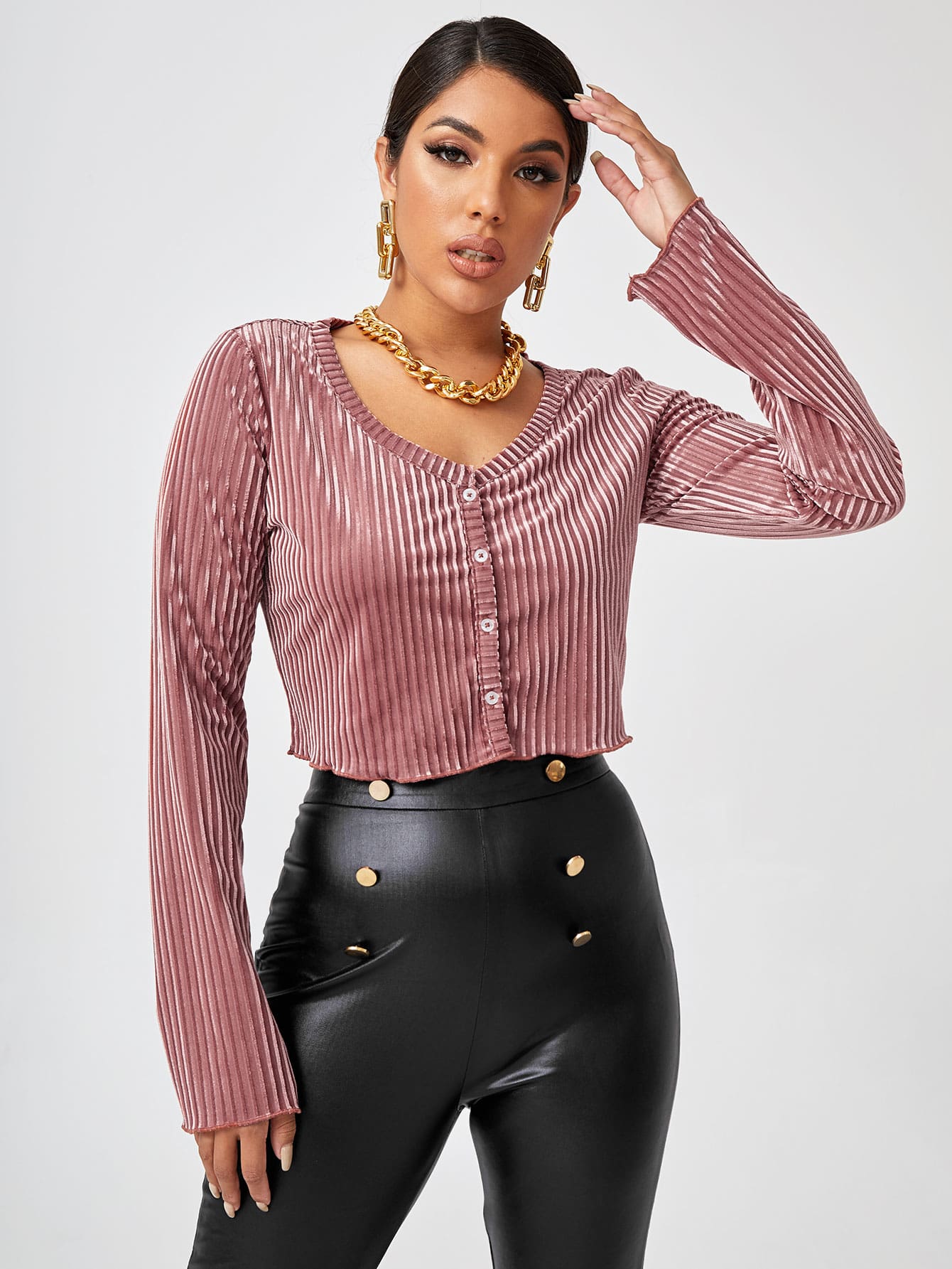 Button Front Velvet Crop Tee