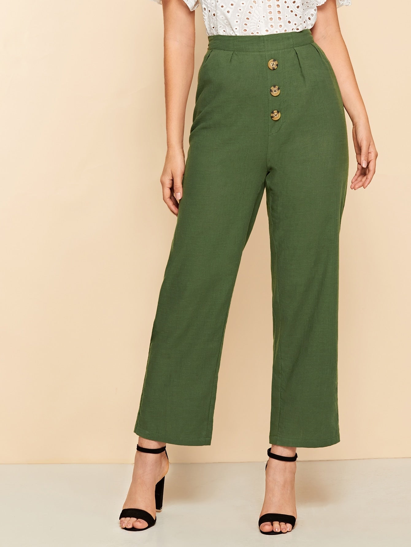 Button Front Wide Leg Pants