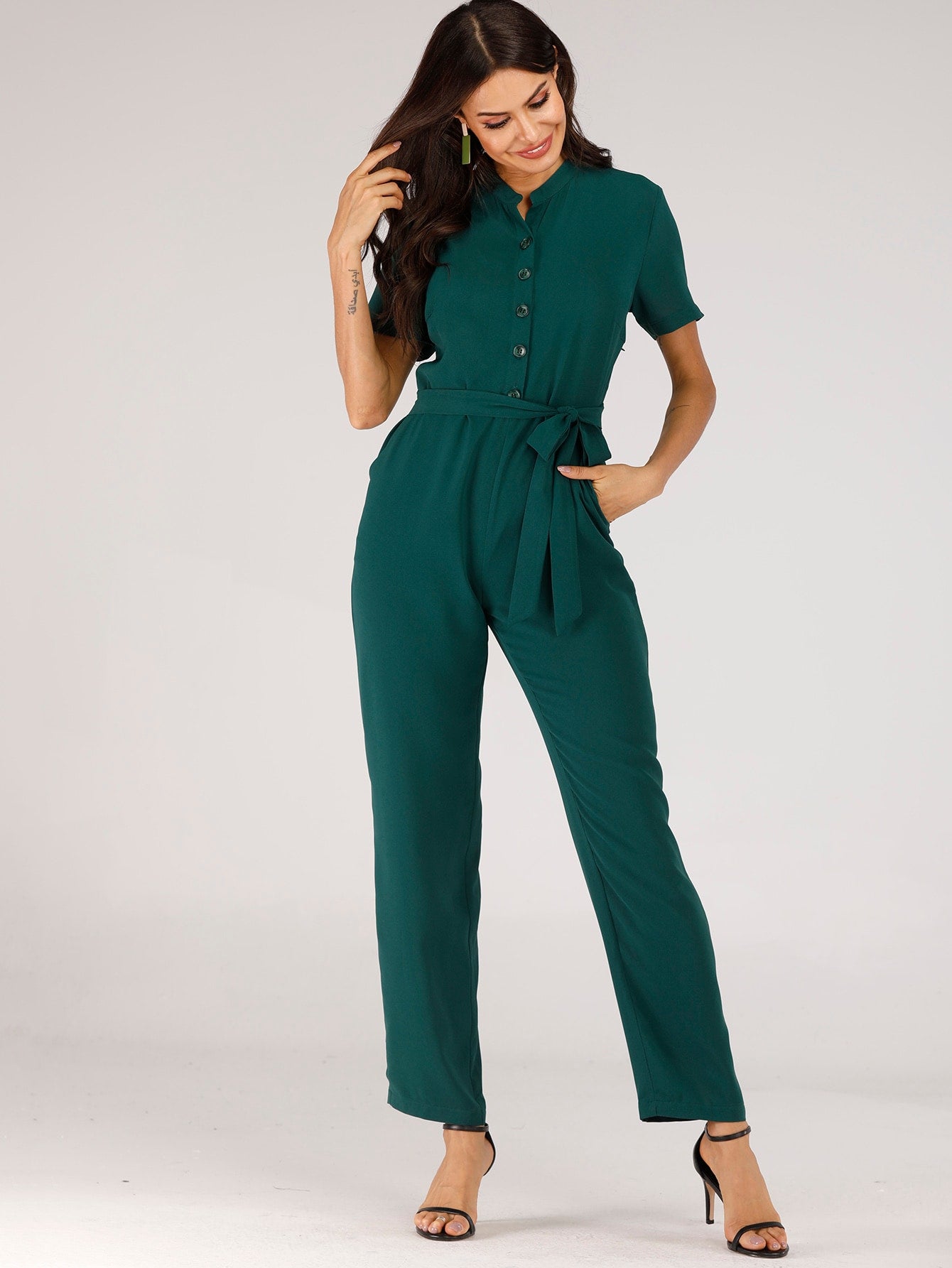 Button Half Placket Belted Straight Leg Jumpsuit