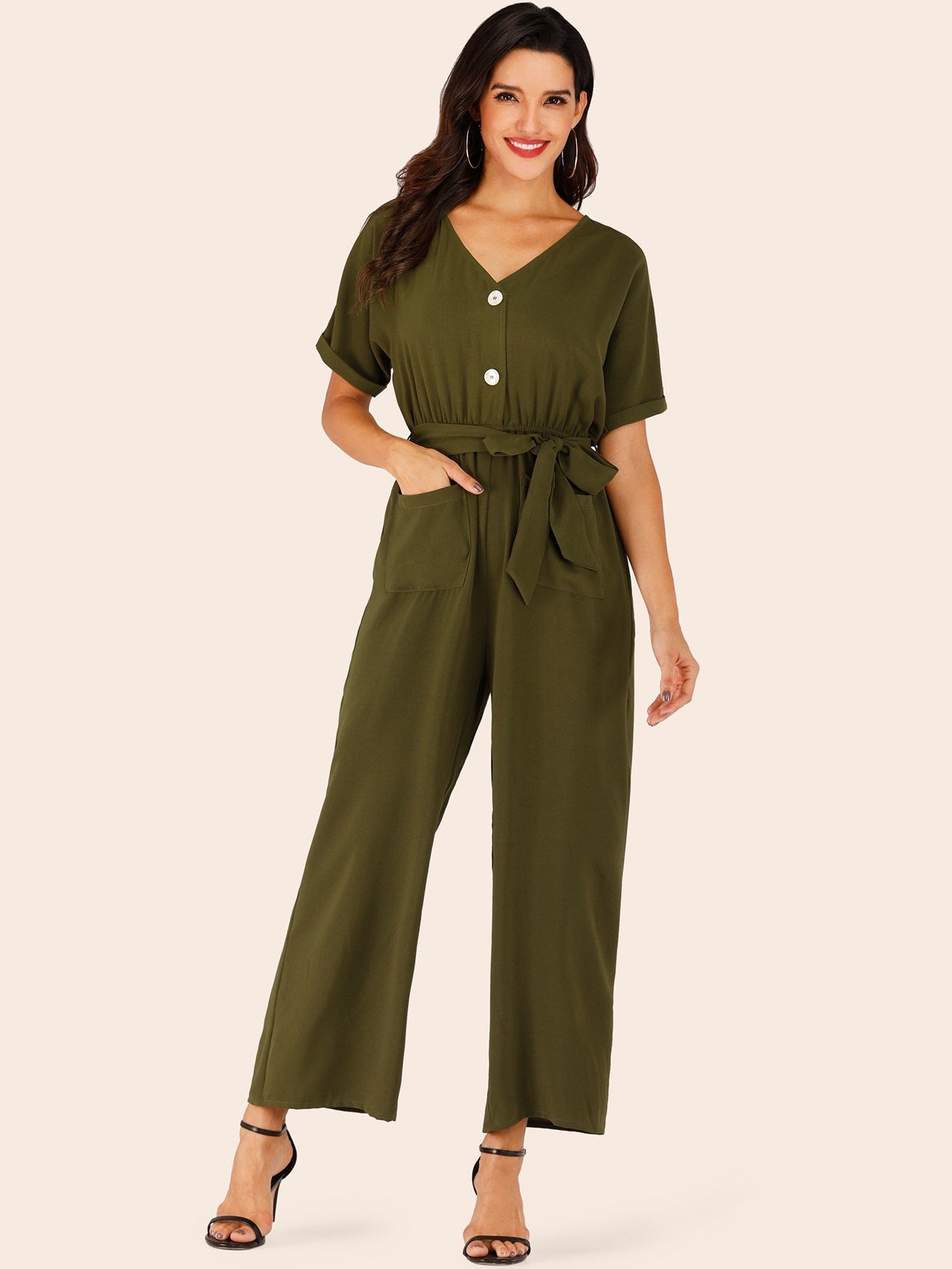 Button Half Placket Belted Wide Leg Jumpsuit