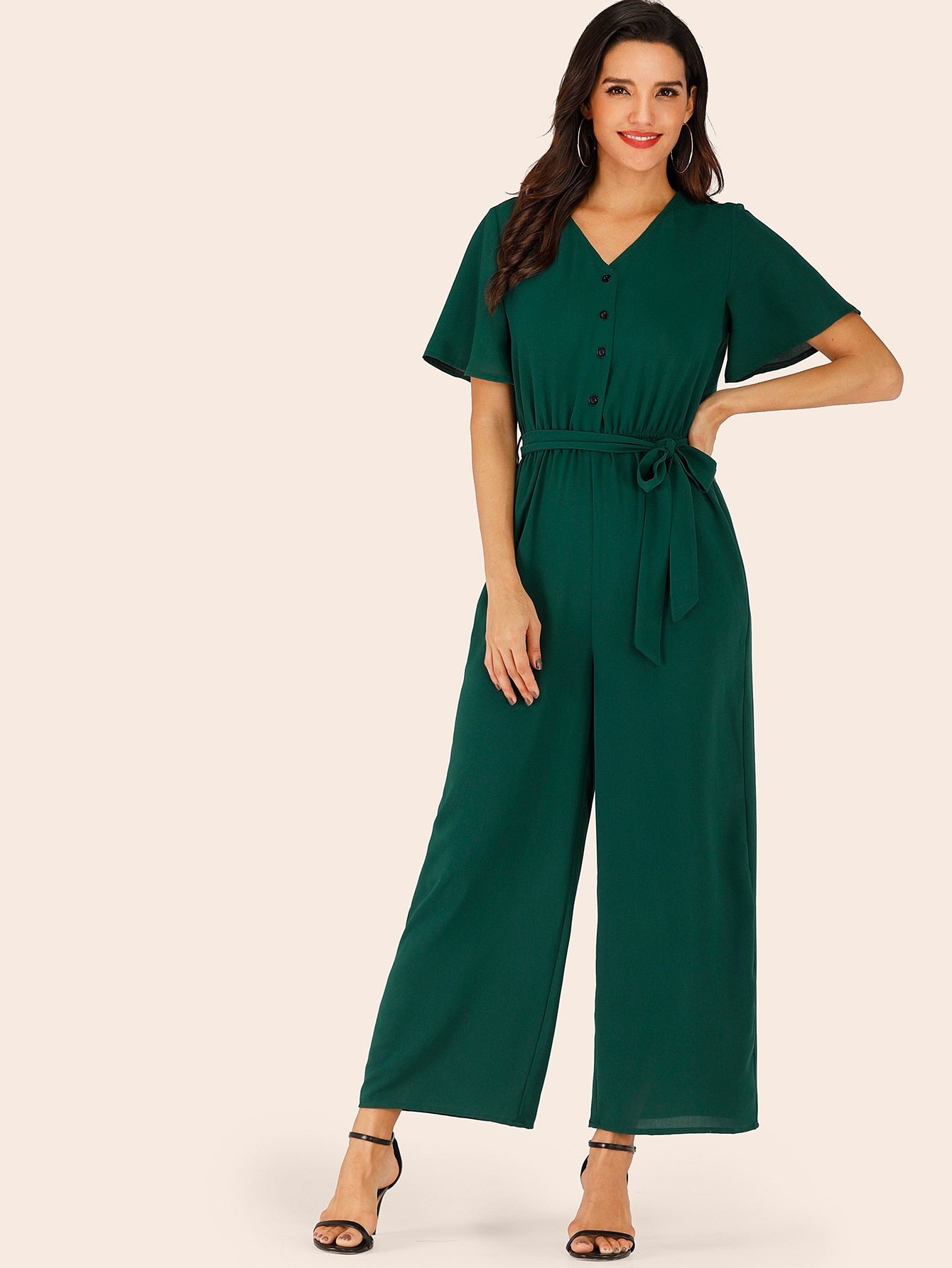 Button Half Placket Belted Wide Leg Jumpsuit